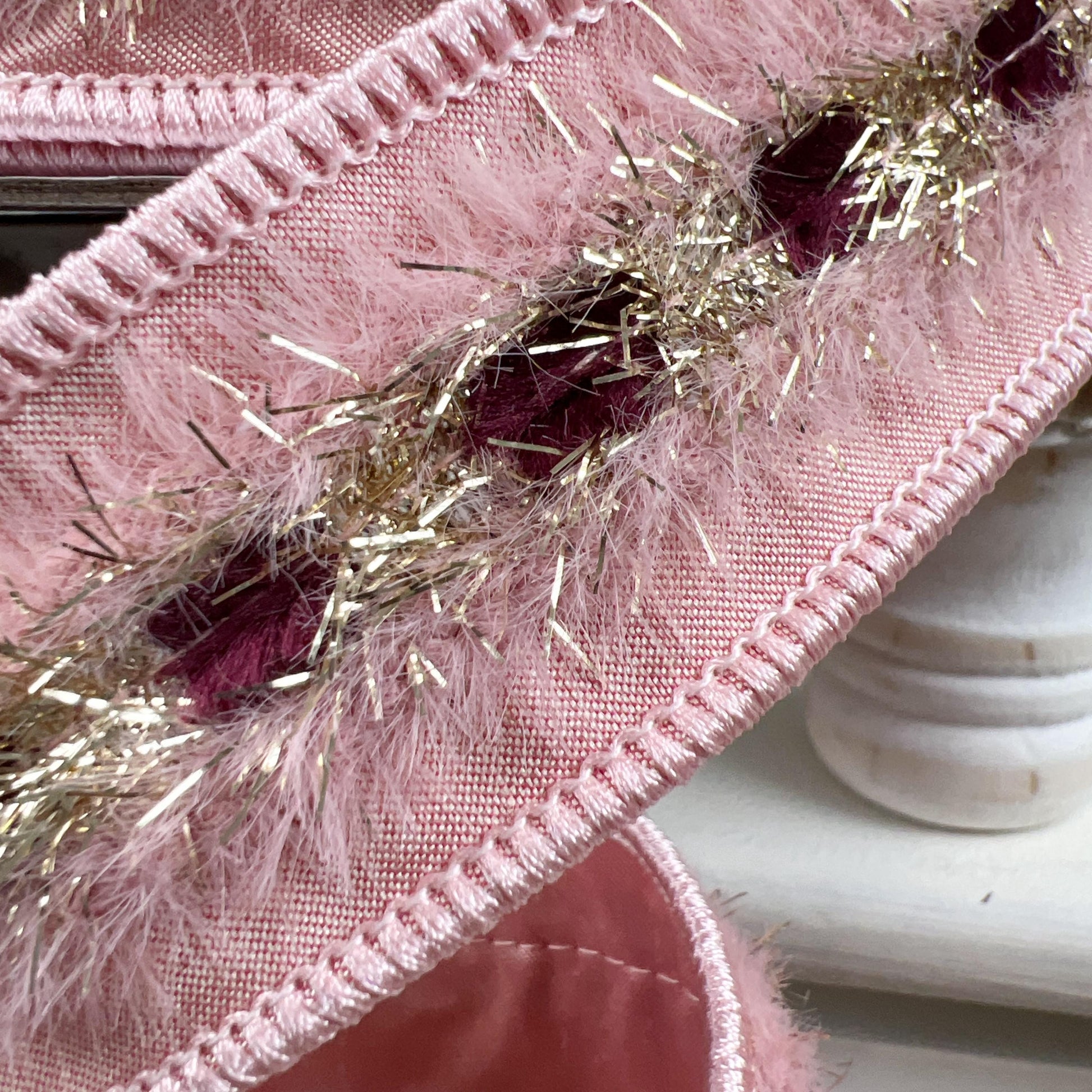 Farrisilk Pink Burgundy Gold Ribbon, Pink Tinsel Holiday Ribbon, Christmas Wreath and Tree Trimming Ribbon
