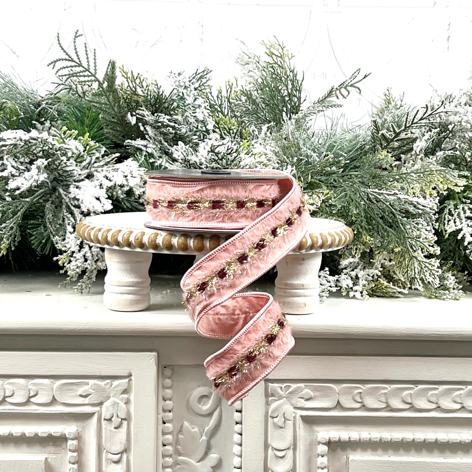 Farrisilk Pink Burgundy Gold Ribbon, Pink Tinsel Holiday Ribbon, Christmas Wreath and Tree Trimming Ribbon