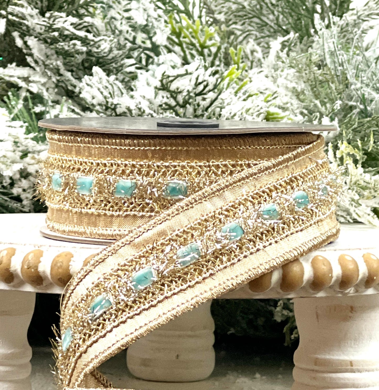 Farrisilk Light Blue Gold Ribbon, Velvet Tinsel Holiday Ribbon, Christmas Wreath and Tree Trimming Ribbon