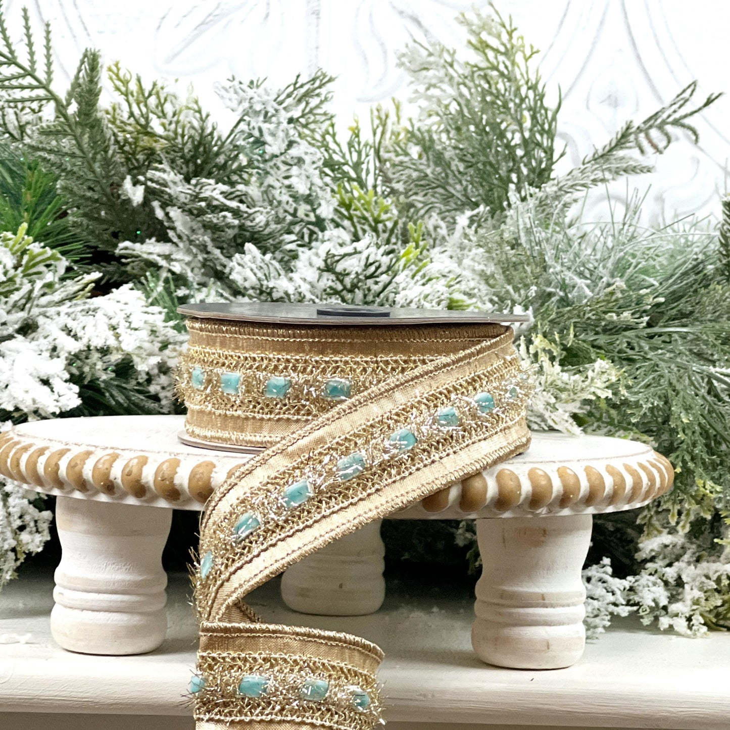 Farrisilk Light Blue Gold Ribbon, Velvet Tinsel Holiday Ribbon, Christmas Wreath and Tree Trimming Ribbon
