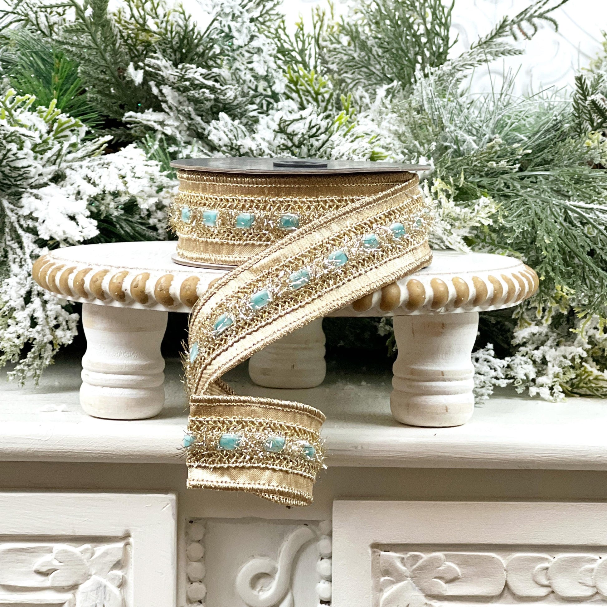 Farrisilk Light Blue Gold Ribbon, Velvet Tinsel Holiday Ribbon, Christmas Wreath and Tree Trimming Ribbon