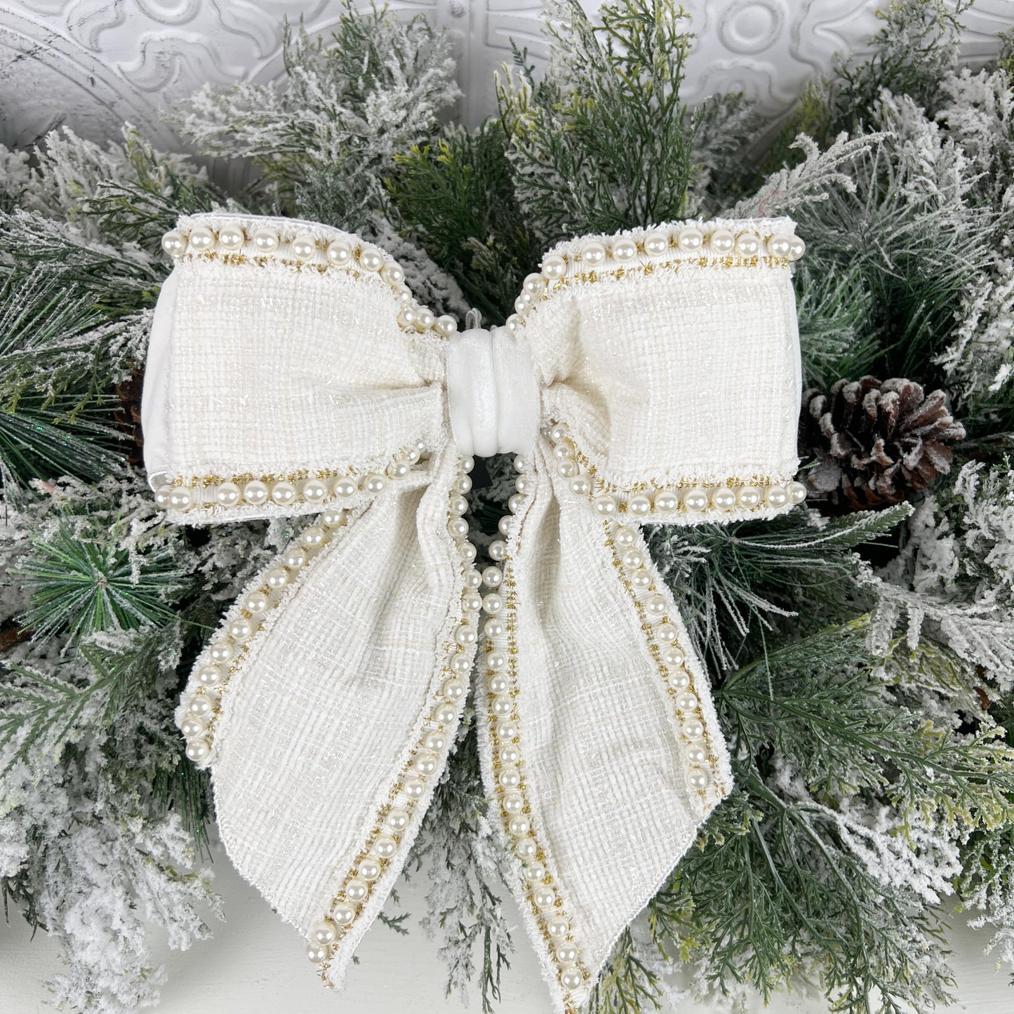 Farrisilk Ivory Pearl Bow, Tweed and Velvet Bow with Pearls, Luxury Wedding and Holiday Decoration