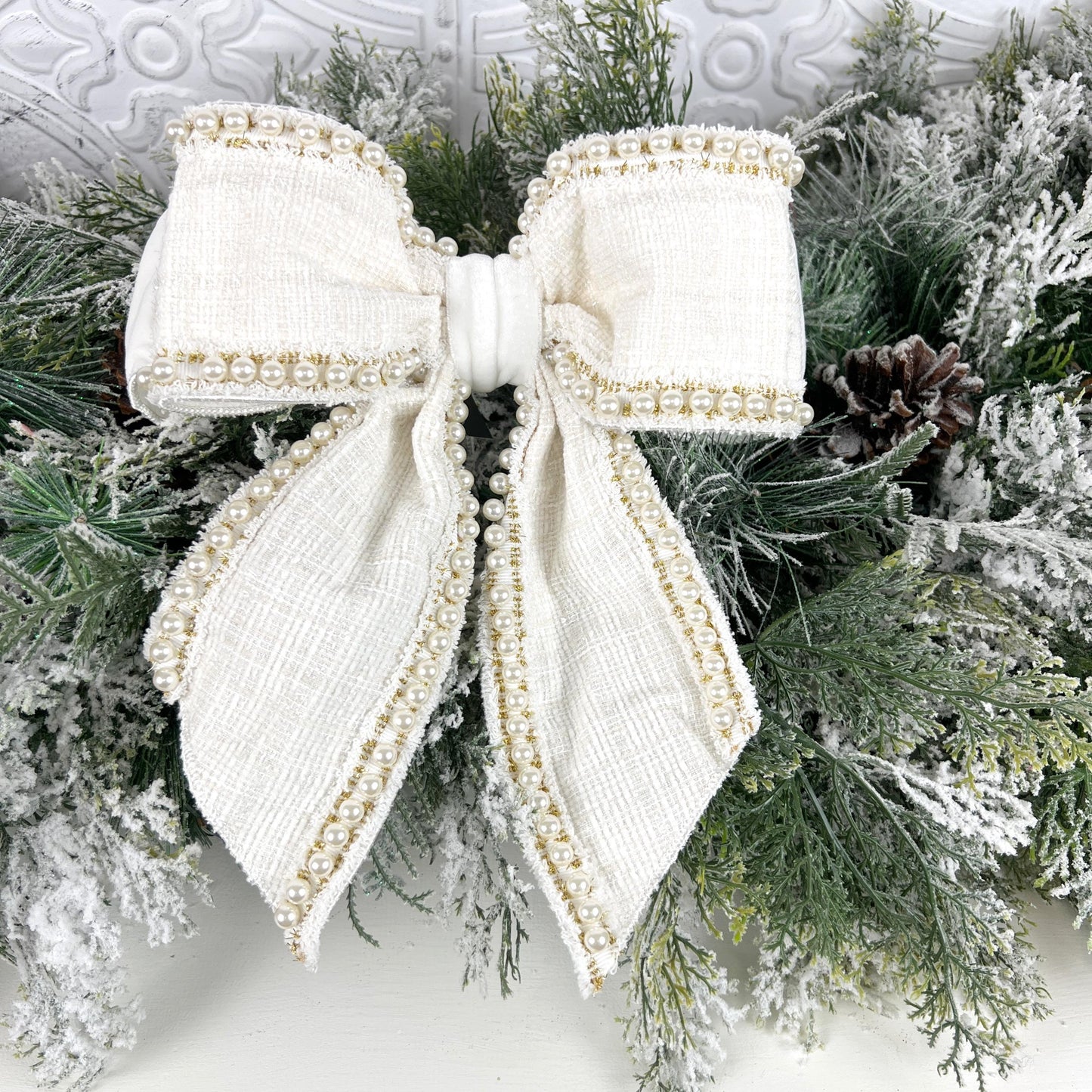 Farrisilk Ivory Pearl Bow, Tweed and Velvet Bow with Pearls, Luxury Wedding and Holiday Decoration