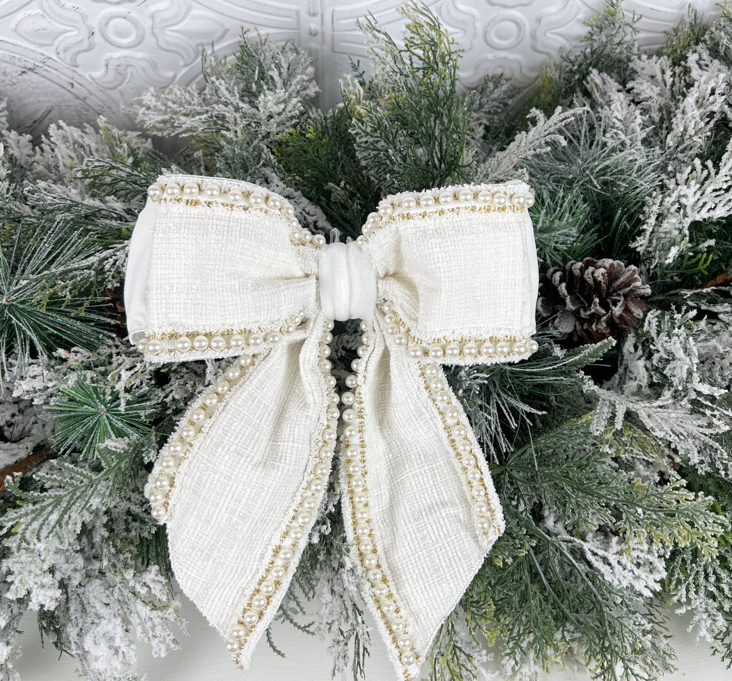 Farrisilk Ivory Pearl Bow, Tweed and Velvet Bow with Pearls, Luxury Wedding and Holiday Decoration