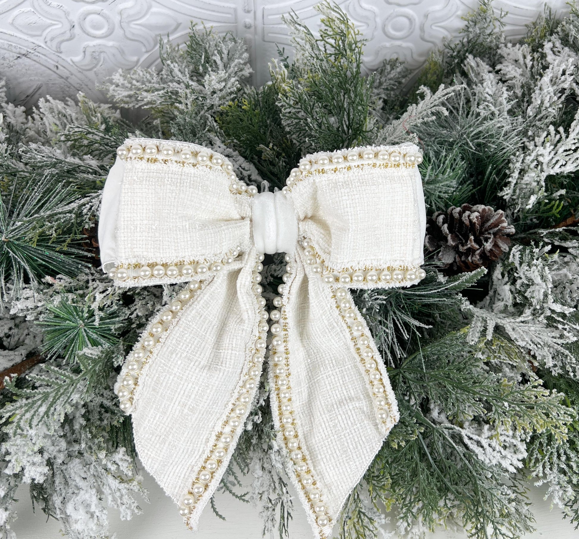 Farrisilk Ivory Pearl Bow, Tweed and Velvet Bow with Pearls, Luxury Wedding and Holiday Decoration