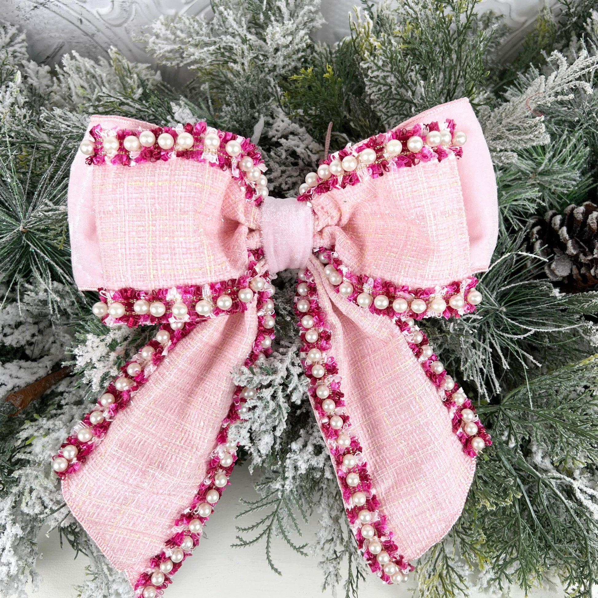 Farrisilk Pink Pearl Bow, Tweed and Velvet Bow with Pearls, Luxury Wedding and Holiday Decoration