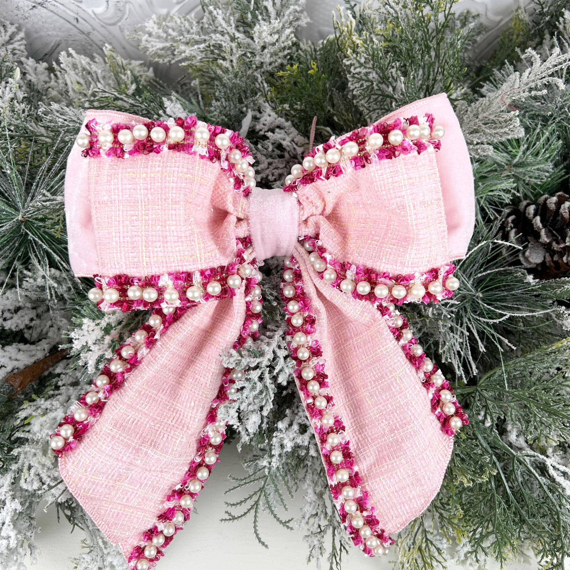 Farrisilk Pink Pearl Bow, Tweed and Velvet Bow with Pearls, Luxury Wedding and Holiday Decoration