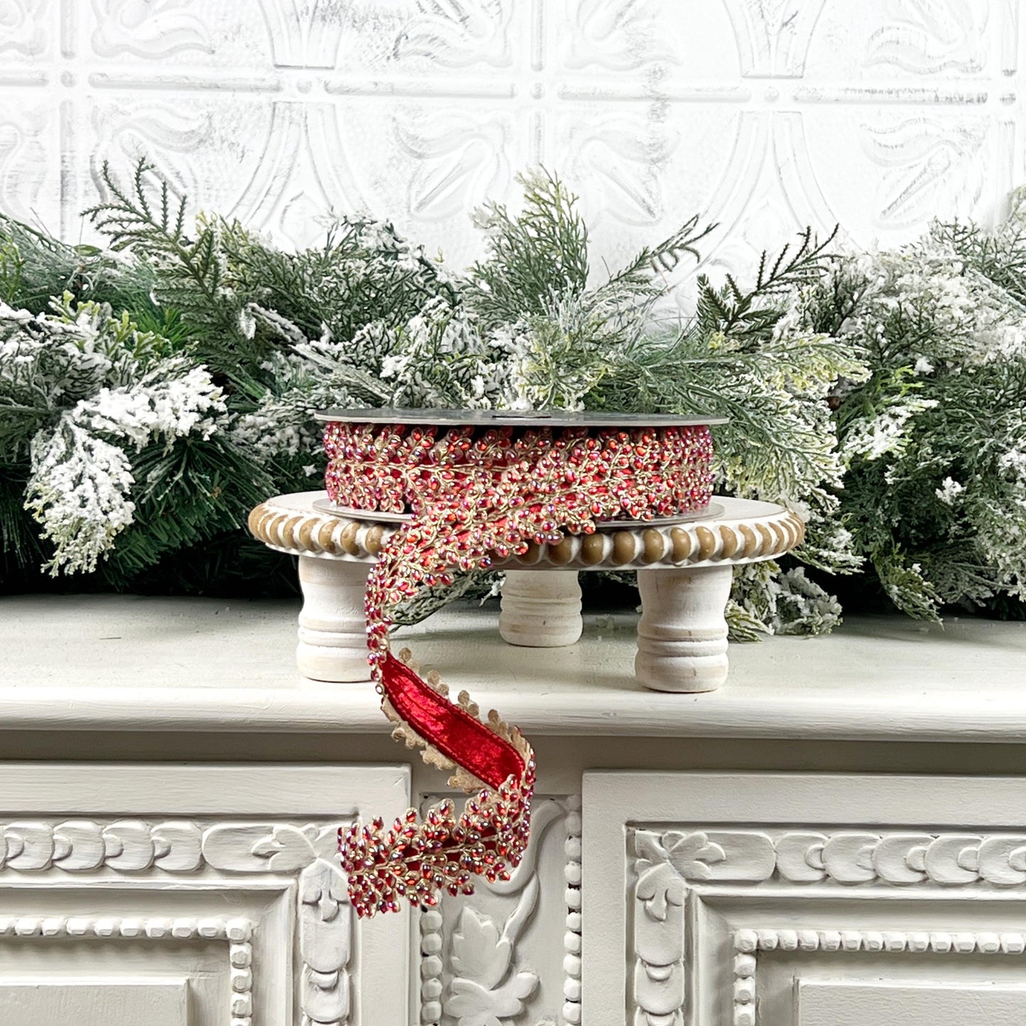 Farrisilk Red Jeweled Ribbon, Gold Embellished Designer Trim, Red and Gold Ribbon for Holiday, Wedding, or Valentine Decor