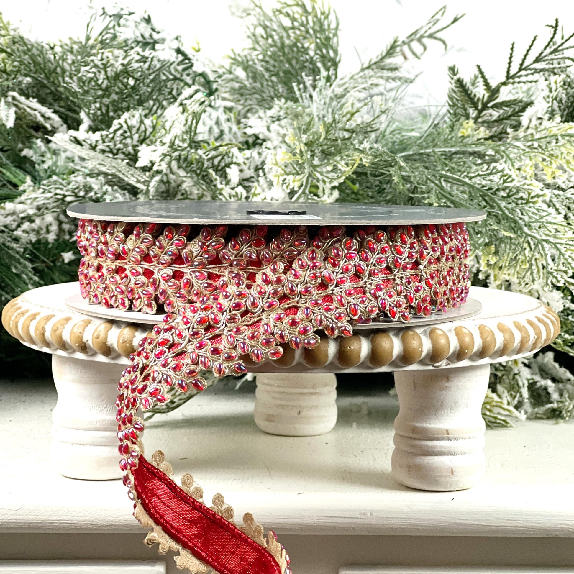 Farrisilk Red Jeweled Ribbon, Gold Embellished Designer Trim, Red and Gold Ribbon for Holiday, Wedding, or Valentine Decor