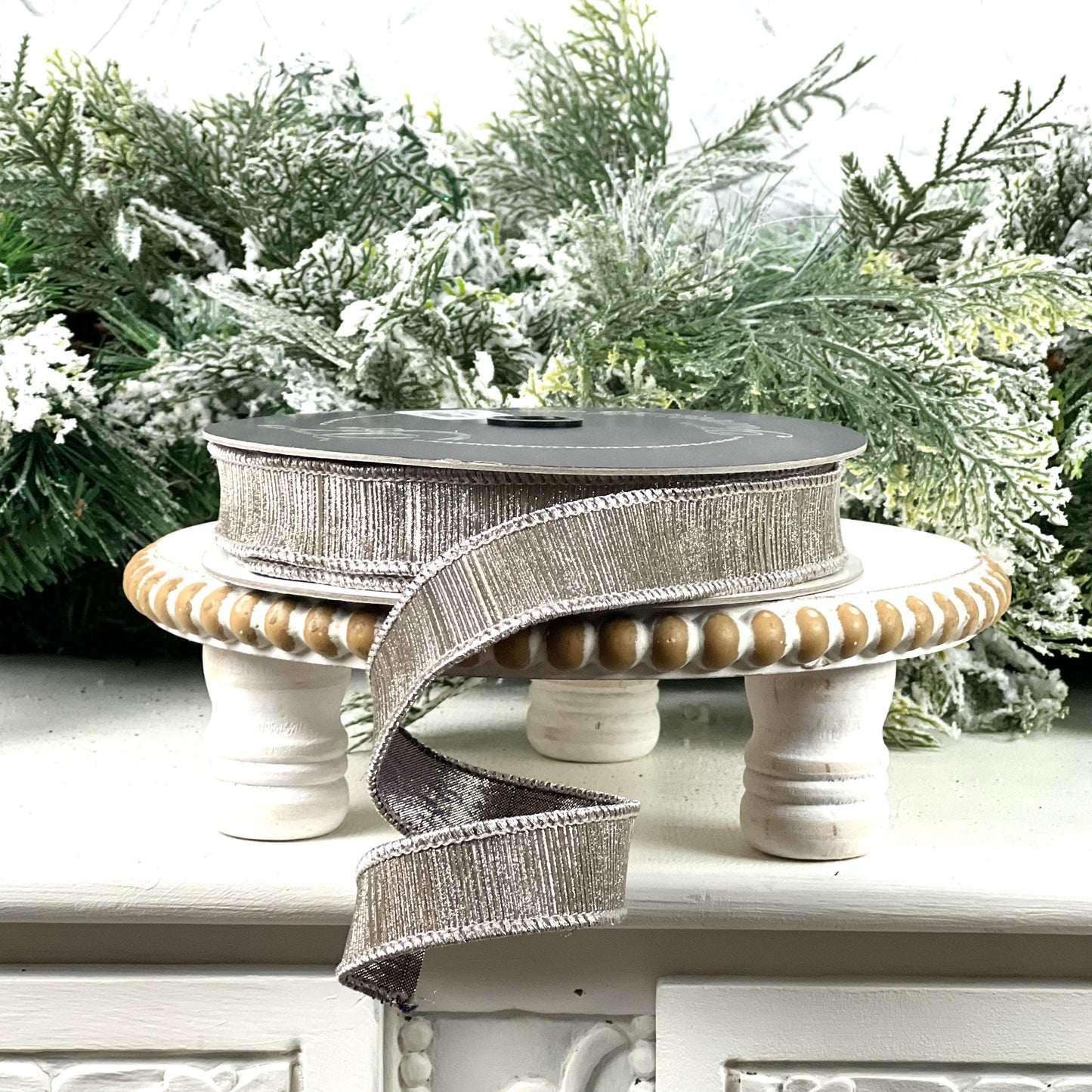 Farrisilk Metallic Pewter Ribbon, Silver Designer Ribbon, Elegant Holiday and Year Round Home Decor Trim