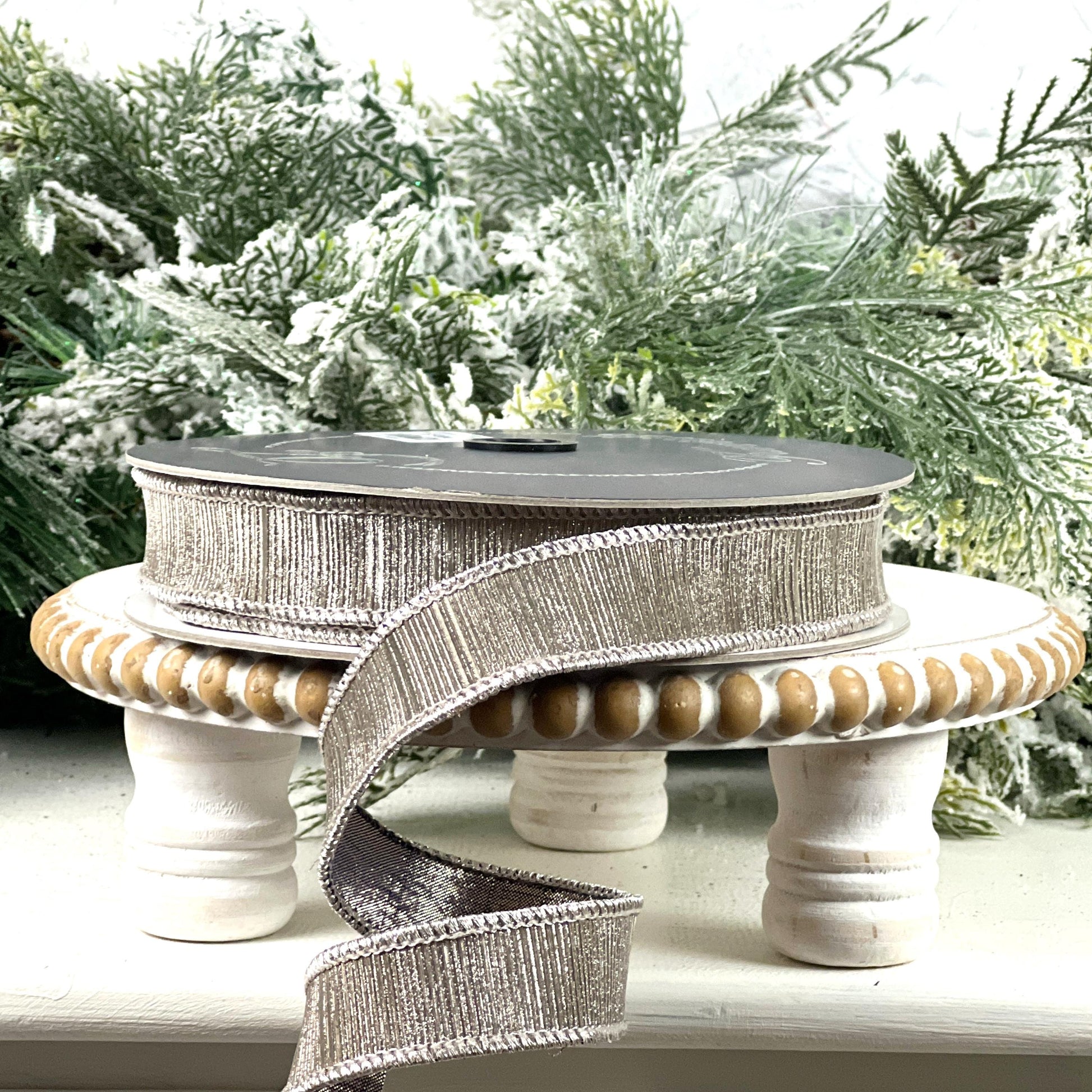 Farrisilk Metallic Pewter Ribbon, Silver Designer Ribbon, Elegant Holiday and Year Round Home Decor Trim