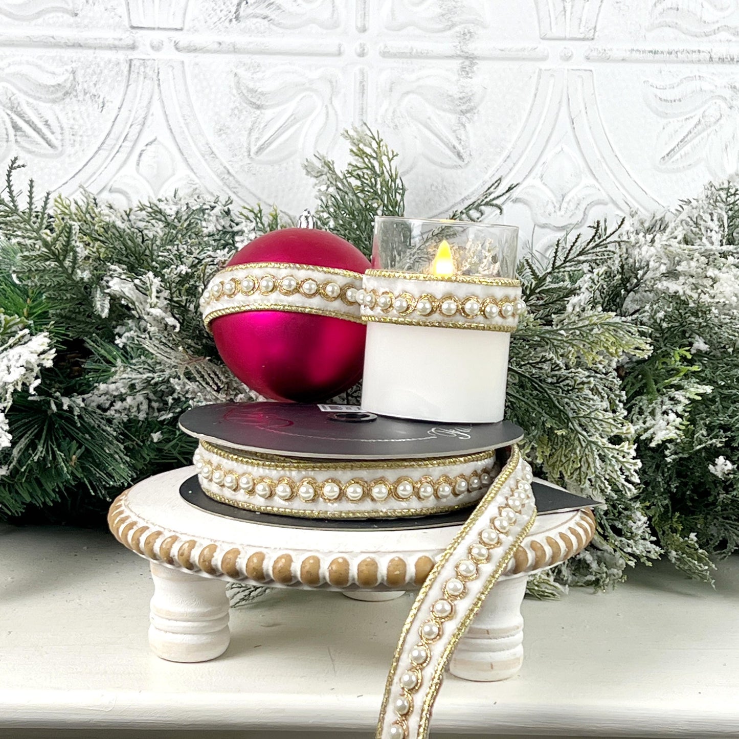 Farrisilk Pearl Border Ornamate, Ivory Velvet Ribbon with Pearls and Gold Trim, Self-Adhesive Designer Ribbon for Holiday or Wedding Decor