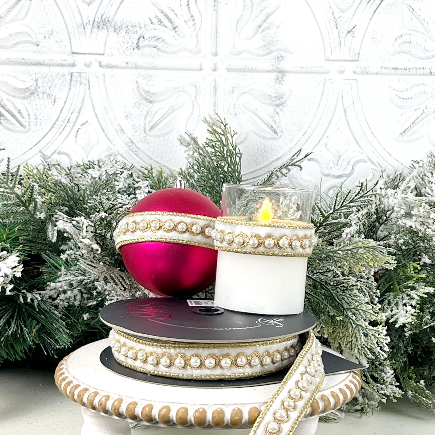 Farrisilk Pearl Border Ornamate, Ivory Velvet Ribbon with Pearls and Gold Trim, Self-Adhesive Designer Ribbon for Holiday or Wedding Decor