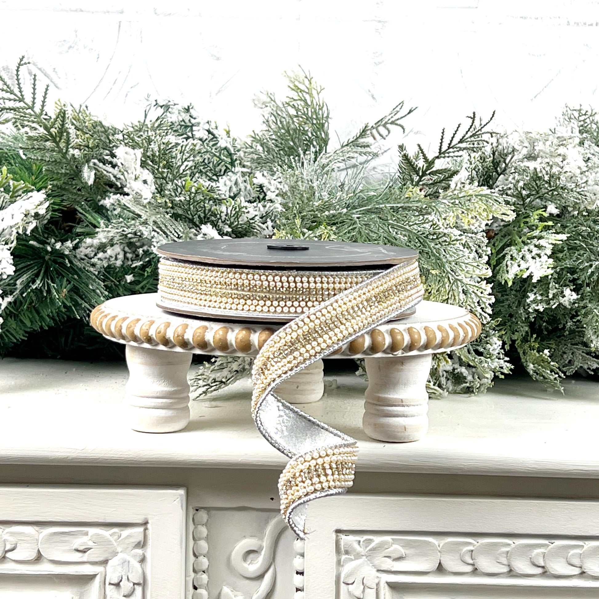 Farrisilk Pearls and Gems Ribbon, Jeweled Silver Designer Ribbon for Holiday or Year Round Decor