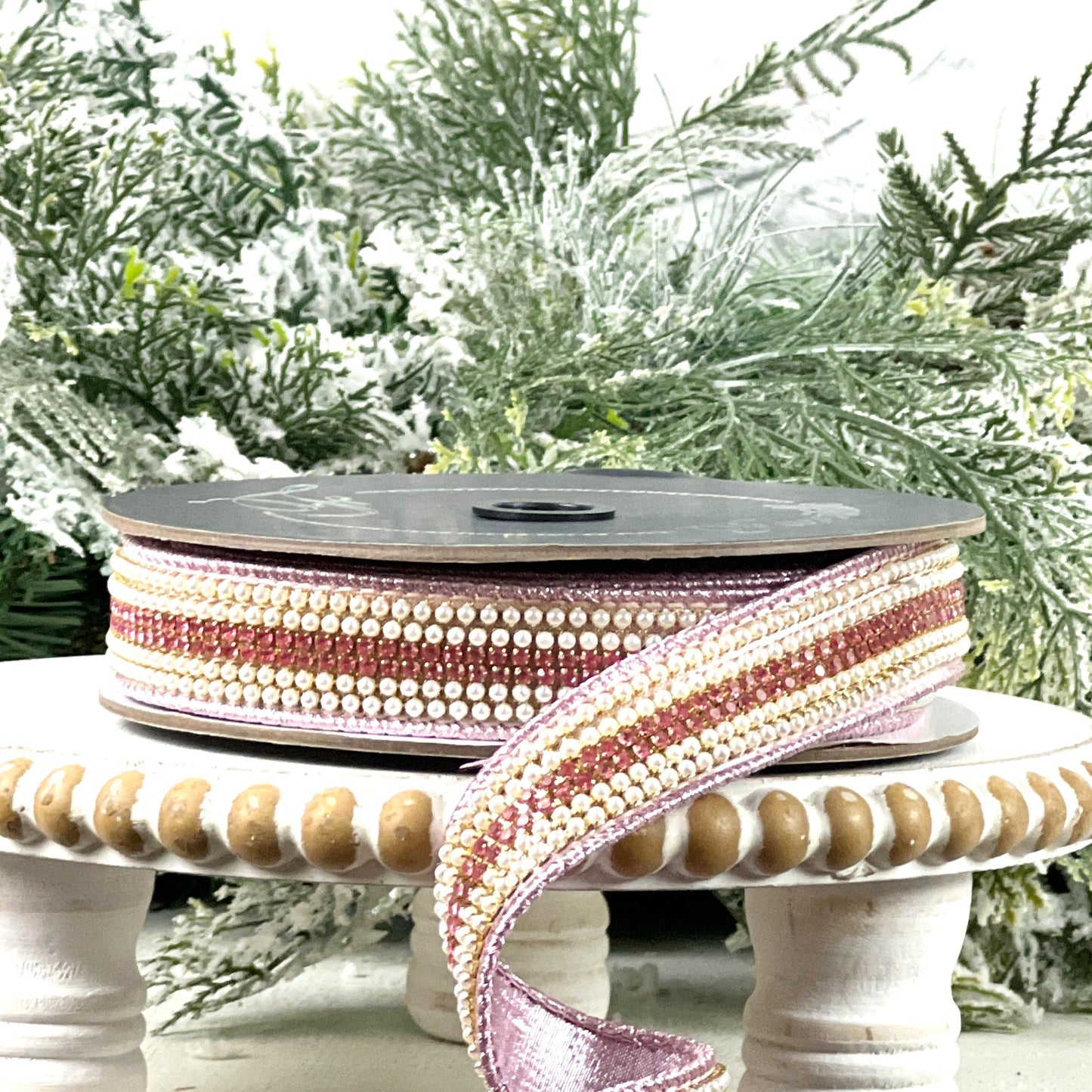 Farrisilk Pearls and Gems Ribbon, Pink Jeweled Designer Ribbon for Holiday or Year-Round Decor