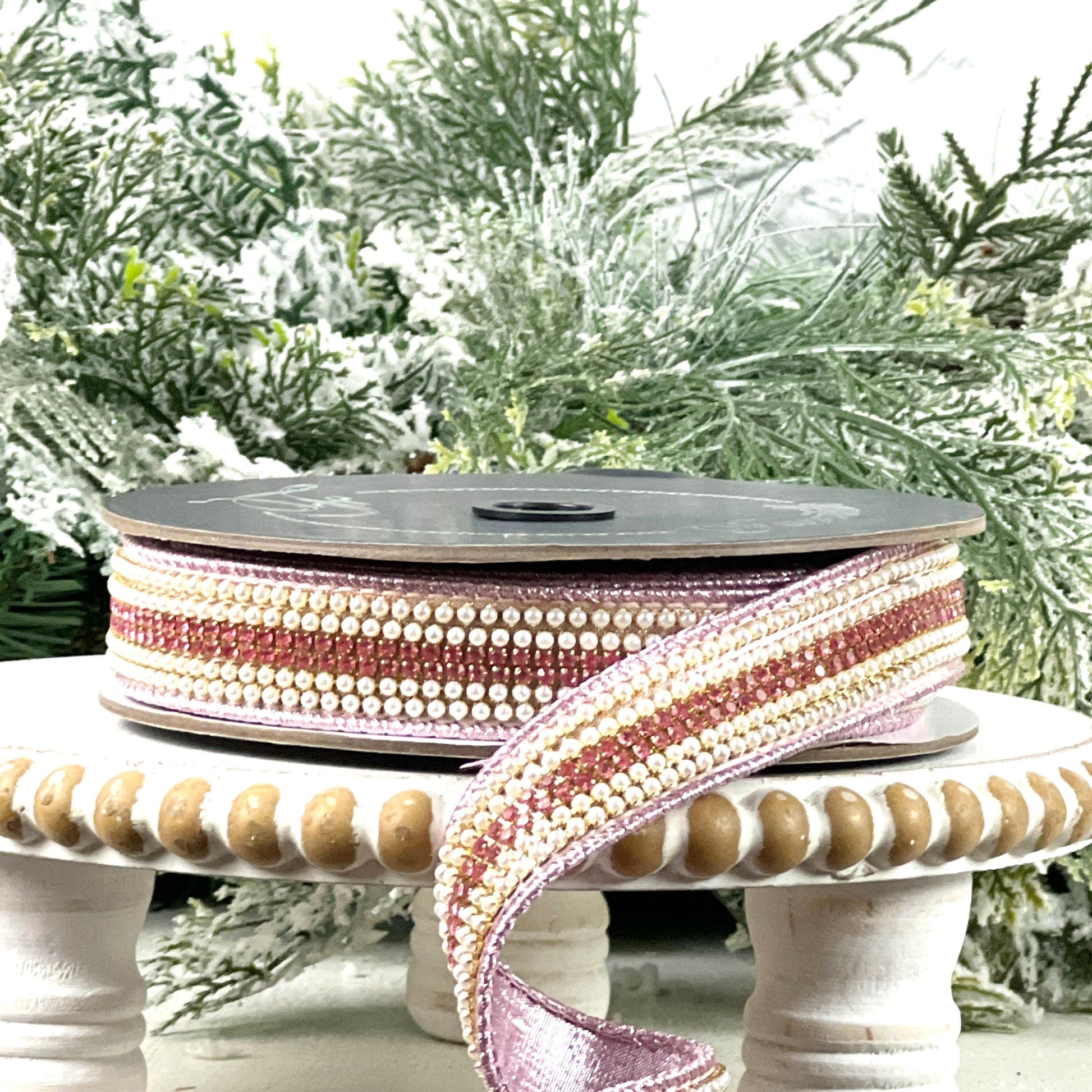 Farrisilk Pearls and Gems Ribbon, Pink Jeweled Designer Ribbon for Holiday or Year-Round Decor