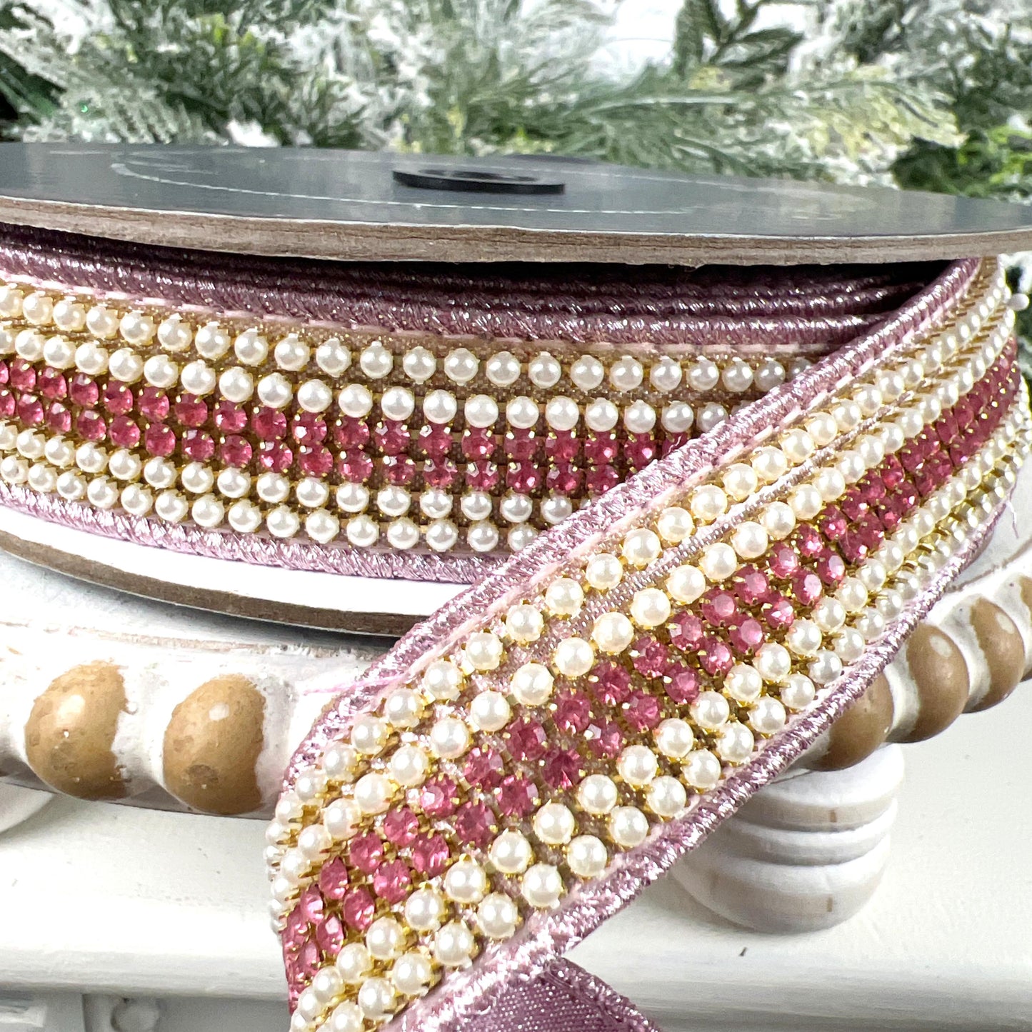 Farrisilk Pearls and Gems Ribbon, Pink Jeweled Designer Ribbon for Holiday or Year-Round Decor