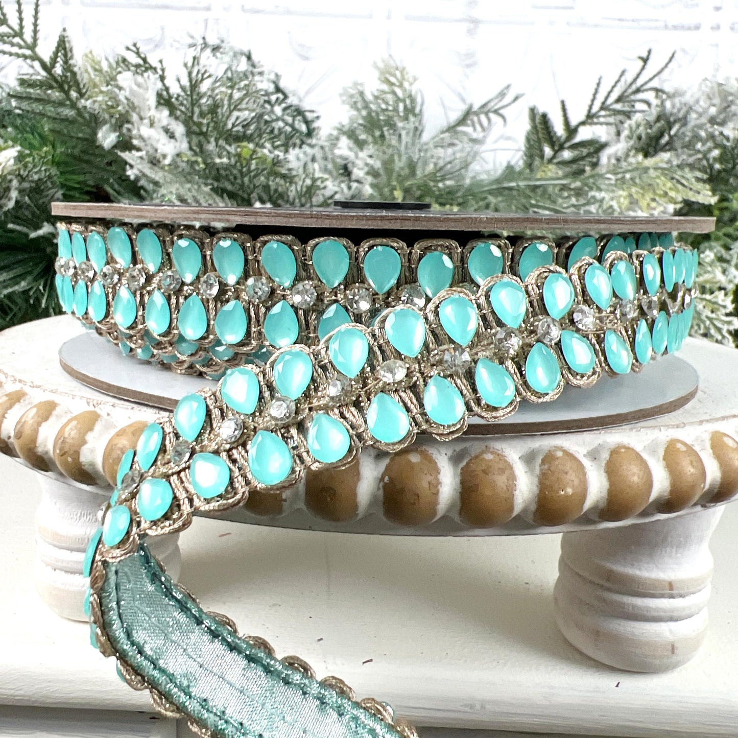 Farrisilk Light Blue Jeweled Ribbon, Platinum Designer Ribbon for Holiday or Year-Round Decor