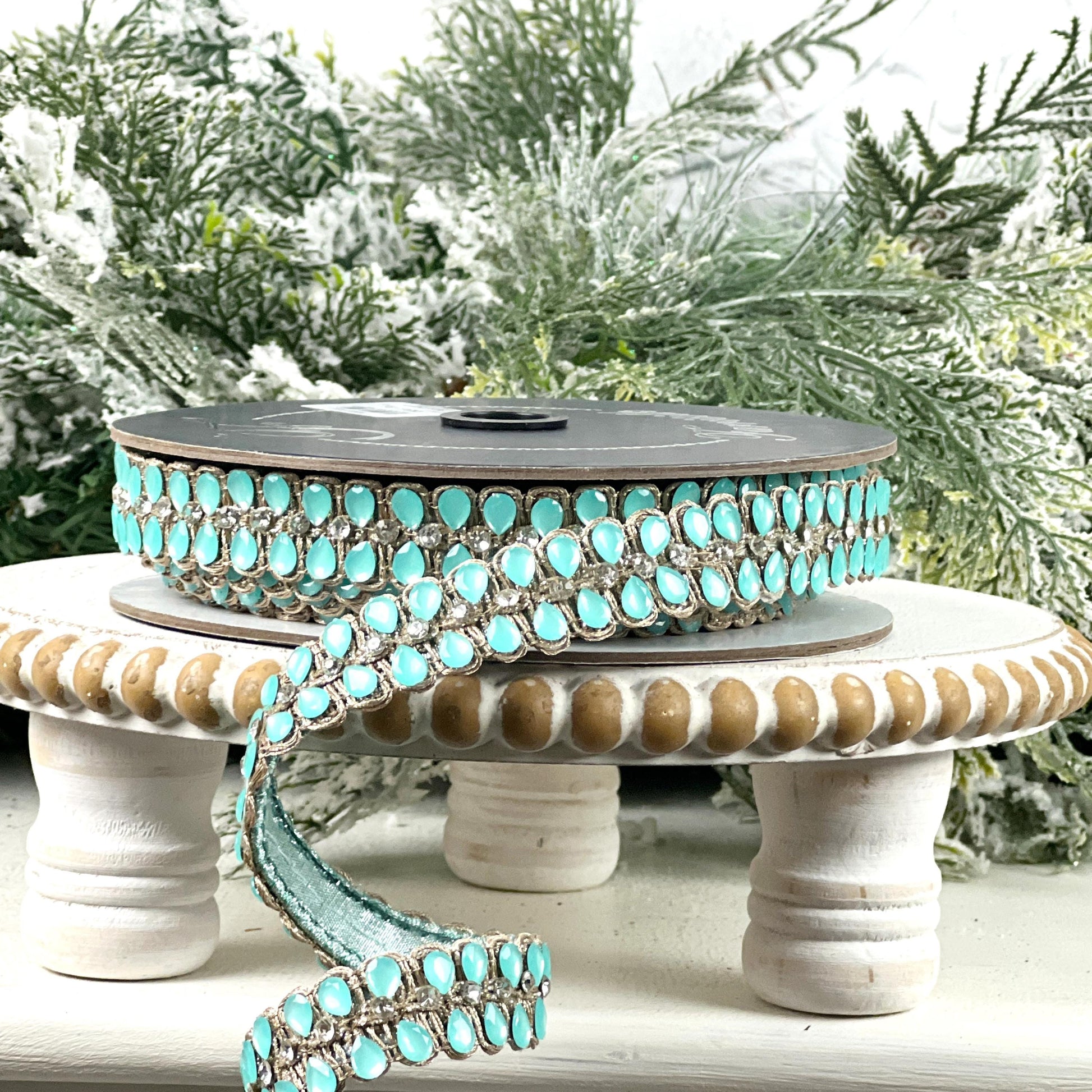 Farrisilk Light Blue Jeweled Ribbon, Platinum Designer Ribbon for Holiday or Year-Round Decor