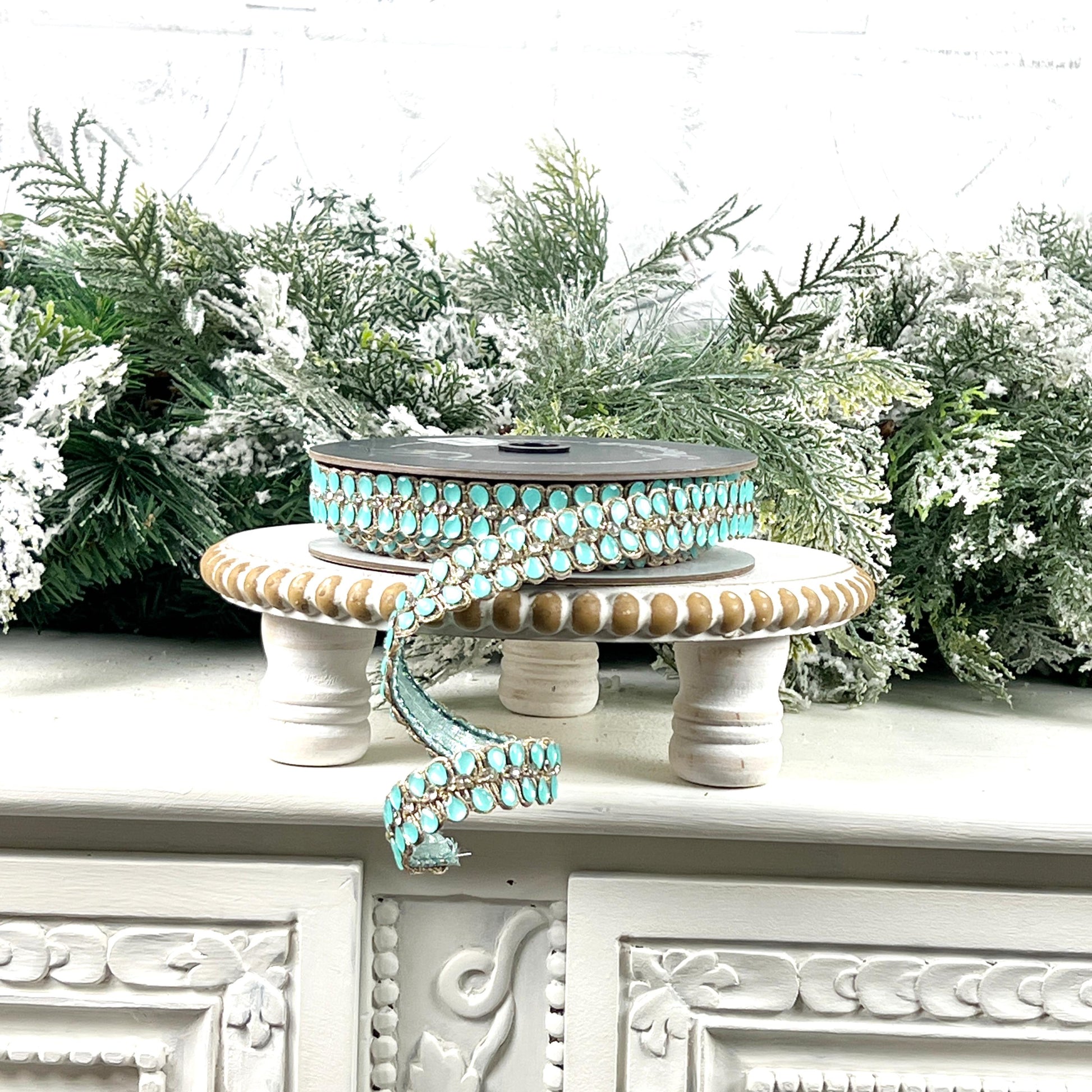 Farrisilk Light Blue Jeweled Ribbon, Platinum Designer Ribbon for Holiday or Year-Round Decor