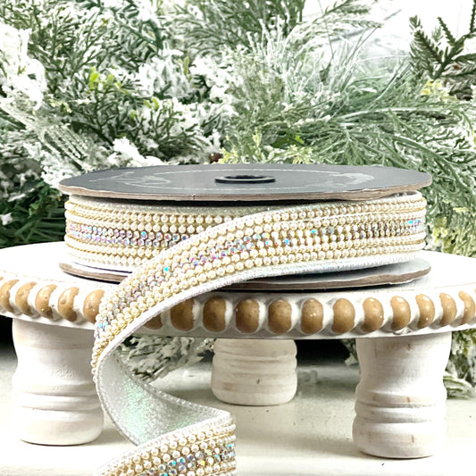 Farrisilk Pearls and Gems Ribbon, Iridescent Jeweled Designer Ribbon for Holiday or Year-Round Decor