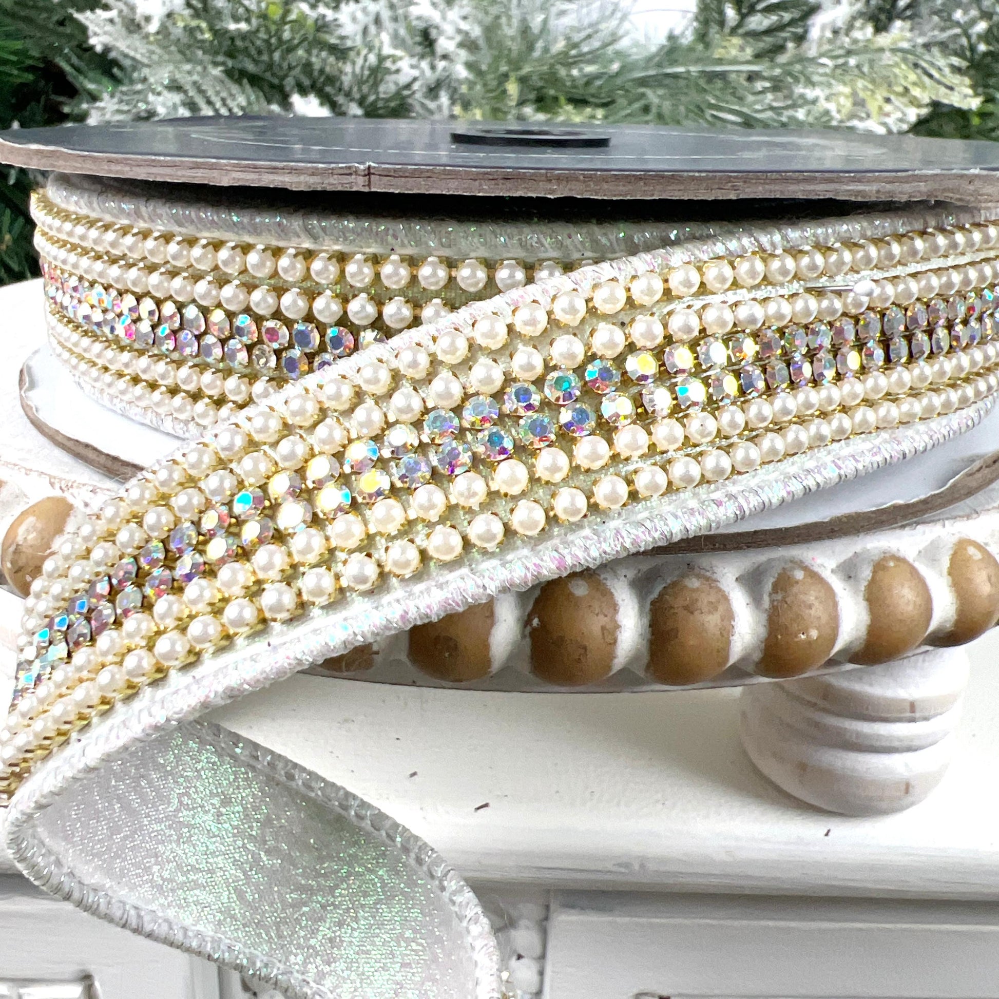 Farrisilk Pearls and Gems Ribbon, Iridescent Jeweled Designer Ribbon for Holiday or Year-Round Decor