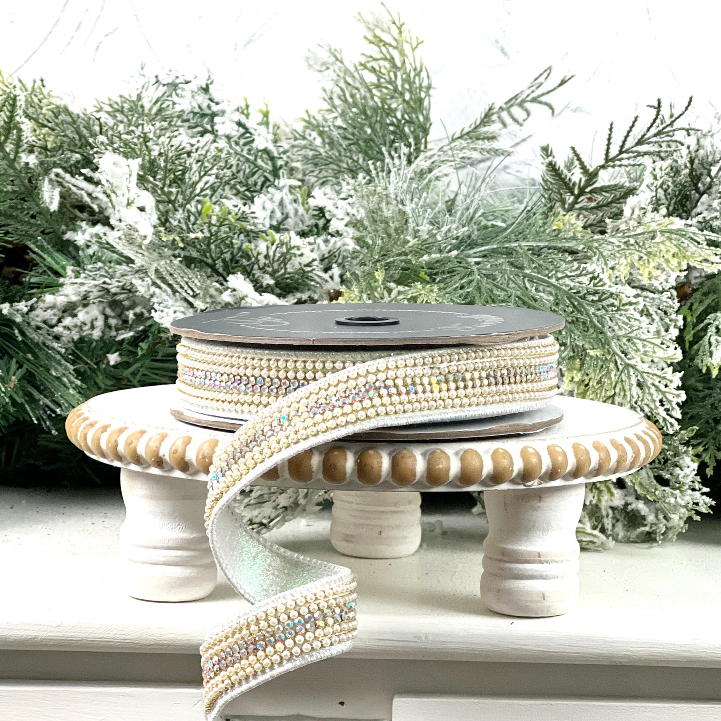 Farrisilk Pearls and Gems Ribbon, Iridescent Jeweled Designer Ribbon for Holiday or Year-Round Decor