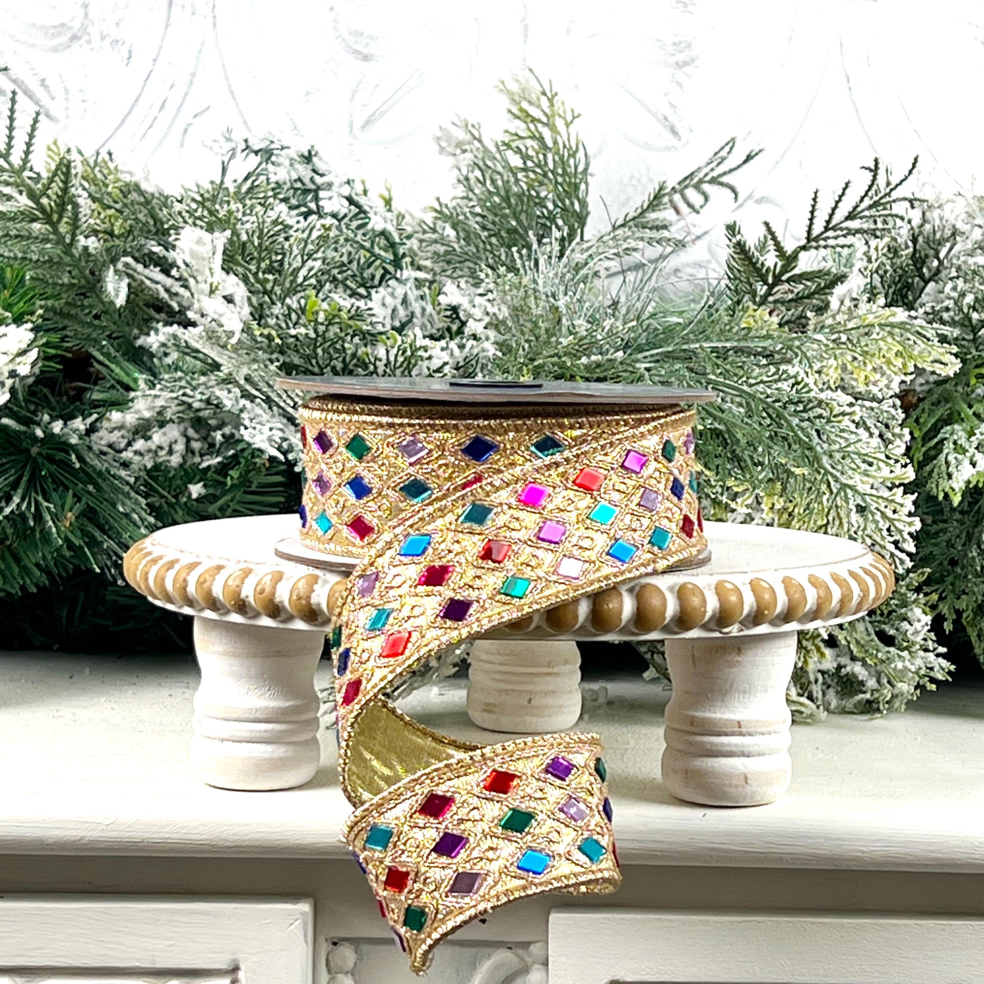 Farrisilk Jeweled Harlequin Ribbon, Gold Designer Ribbon with Multicolor Gems for Holiday or Year-Round Decor