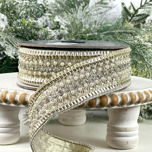 Farrisilk Victorian Pearl Ribbon, Platinum Designer Ribbon with Pearls for Holiday or Wedding Decor