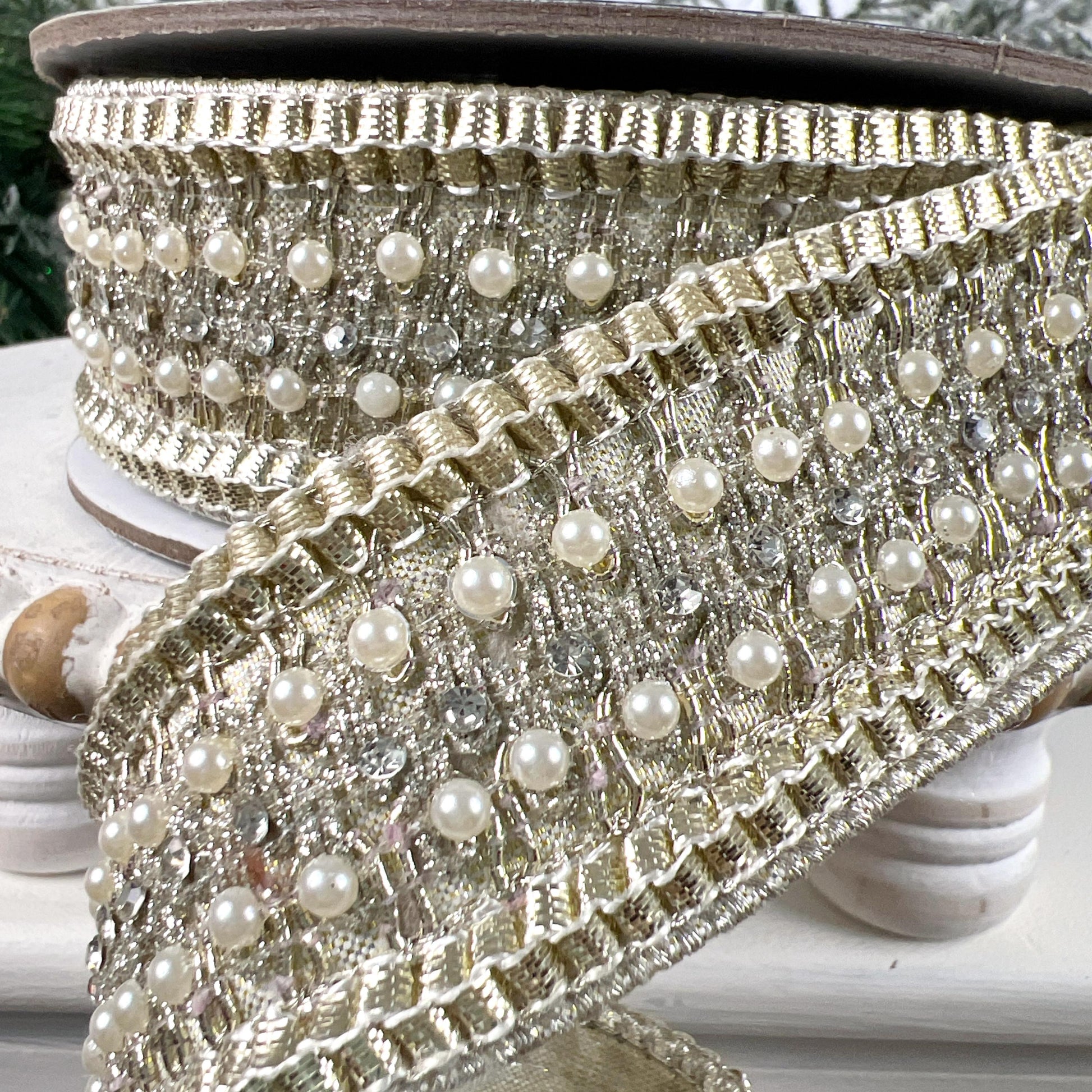 Farrisilk Victorian Pearl Ribbon, Platinum Designer Ribbon with Pearls for Holiday or Wedding Decor