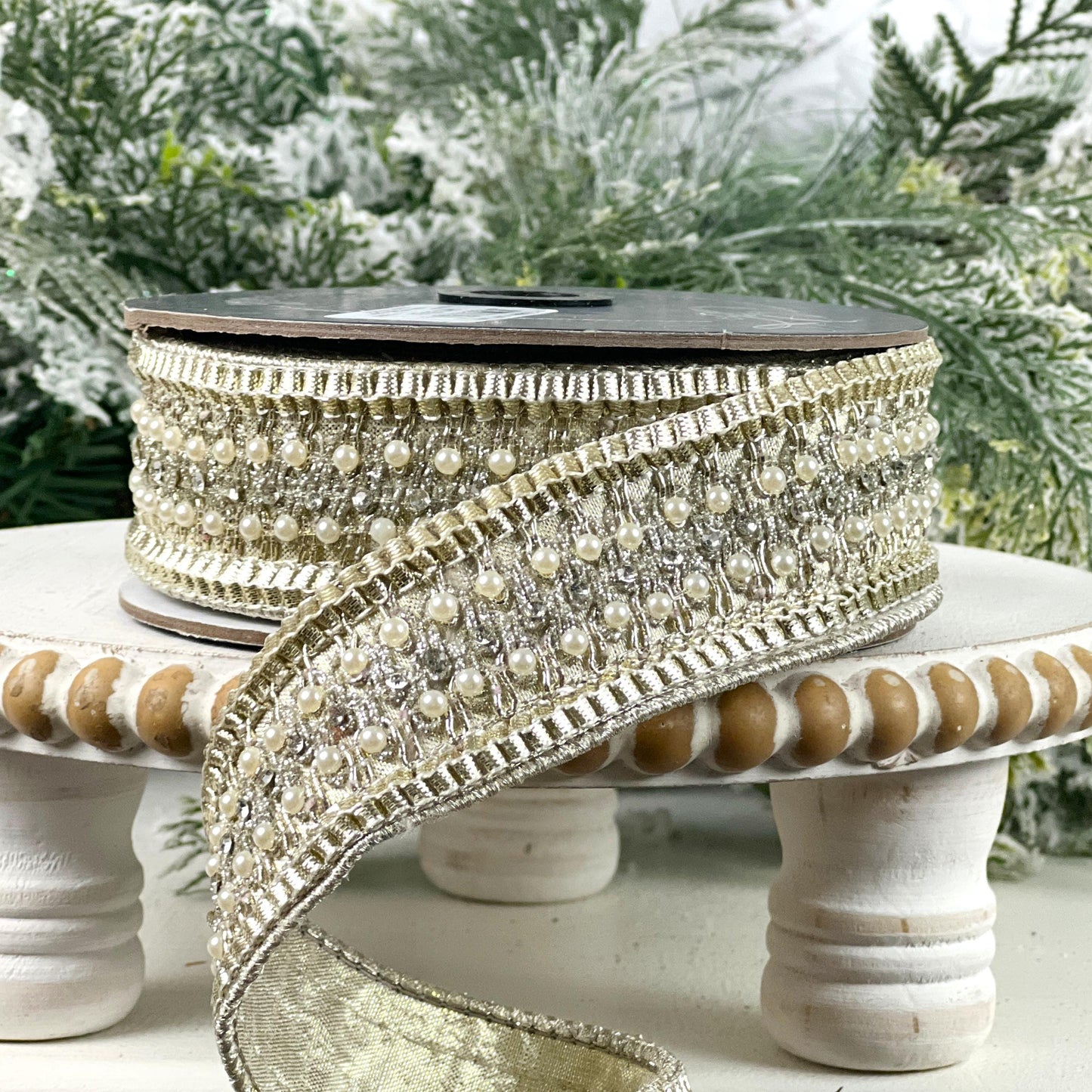 Farrisilk Victorian Pearl Ribbon, Platinum Designer Ribbon with Pearls for Holiday or Wedding Decor