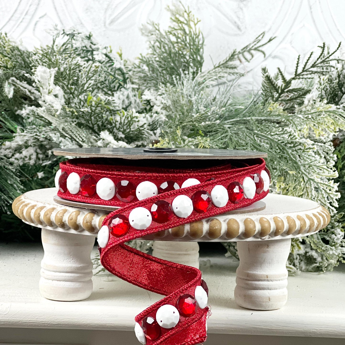 Farrisilk Jeweled Garland Ribbon, Red Designer Ribbon with White and Red Gems for Holiday or Year-Round Decor