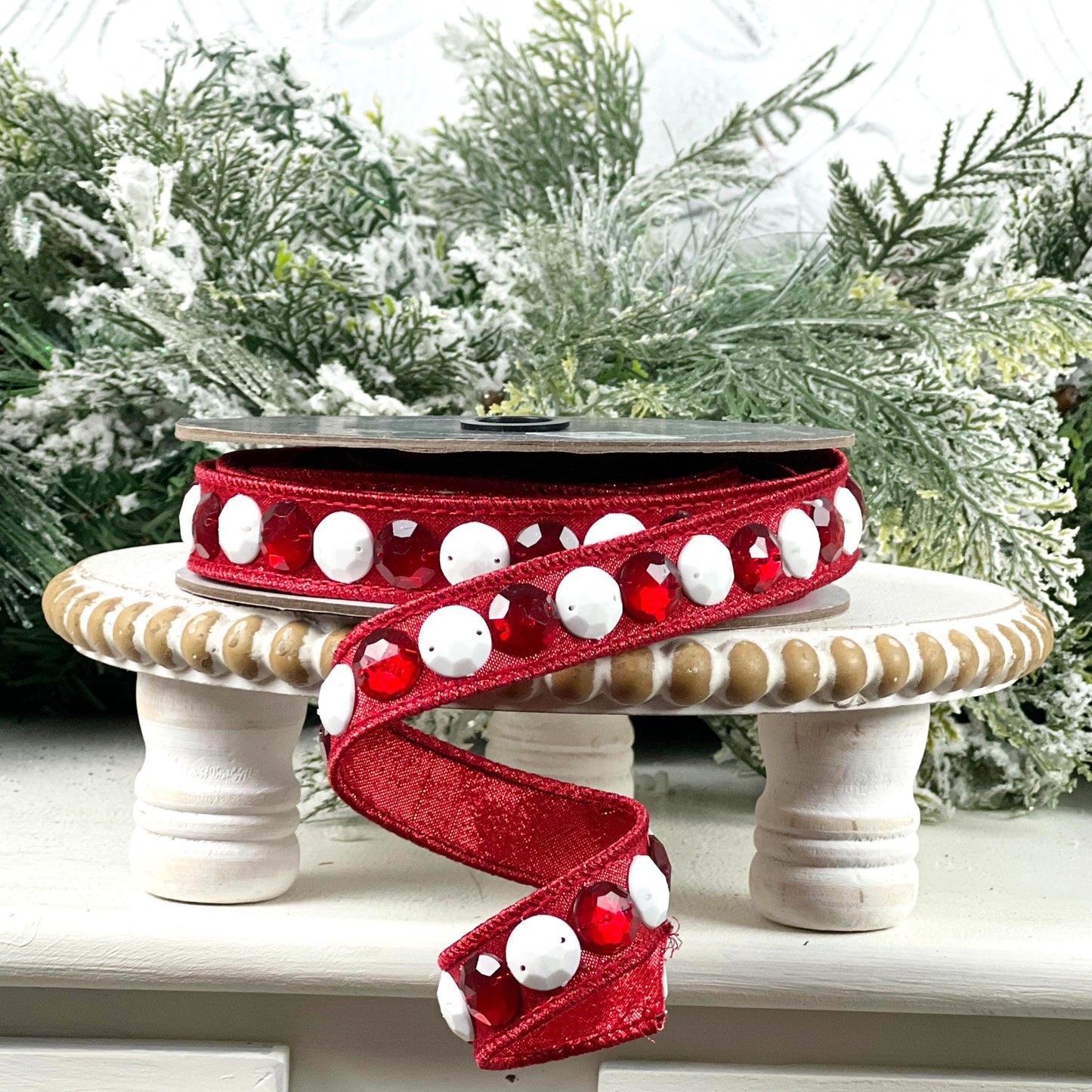 Farrisilk Jeweled Garland Ribbon, Red Designer Ribbon with White and Red Gems for Holiday or Year-Round Decor