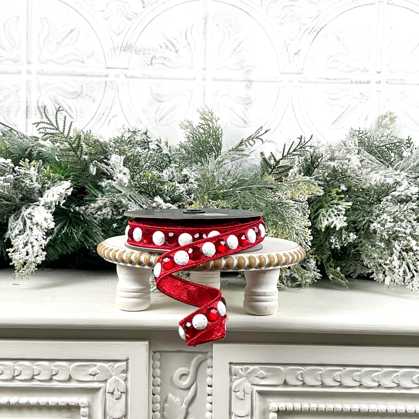 Farrisilk Jeweled Garland Ribbon, Red Designer Ribbon with White and Red Gems for Holiday or Year-Round Decor