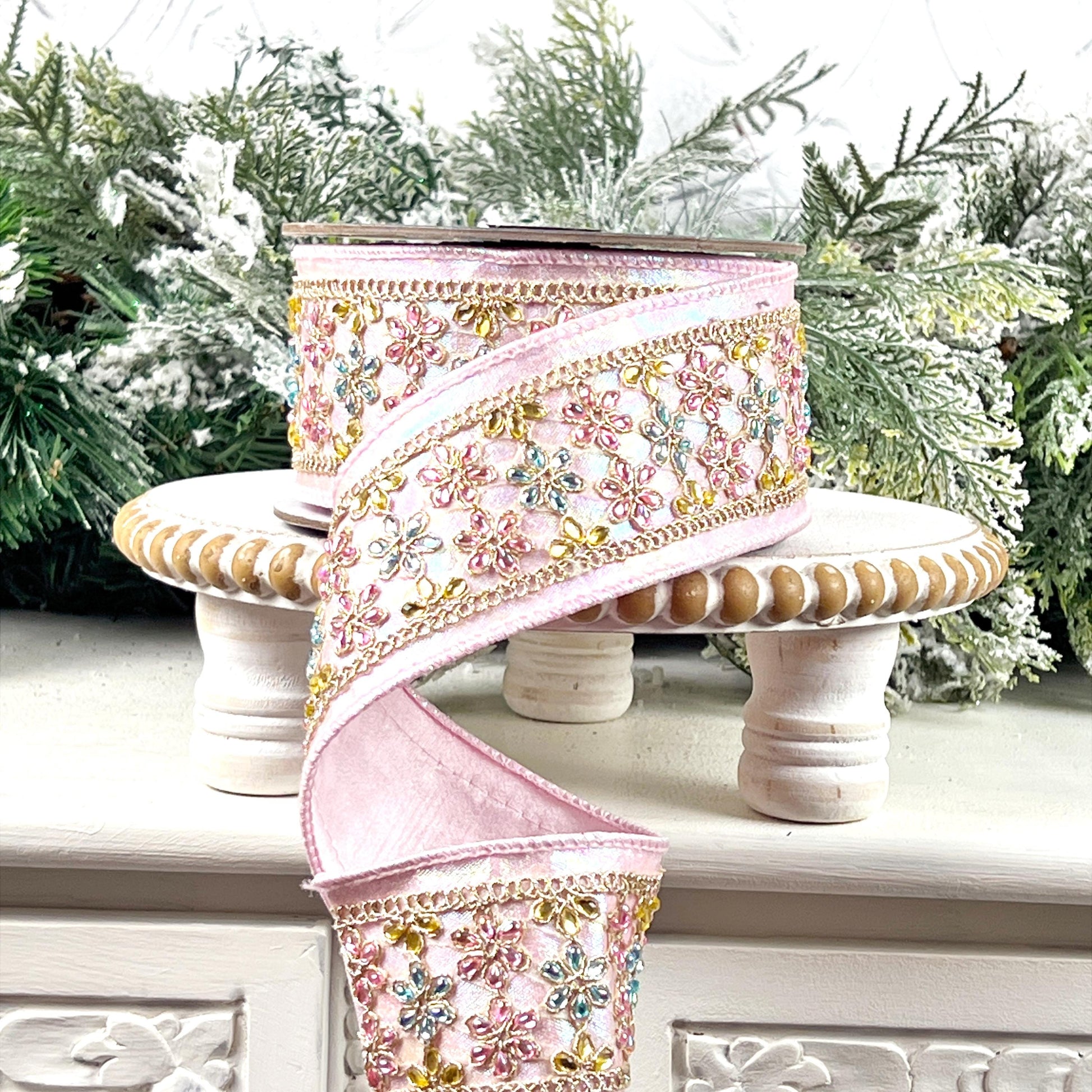 Farrisilk Iridescent Jeweled Daisies Ribbon, Light Pink Designer Ribbon for Holiday or Wedding Decor