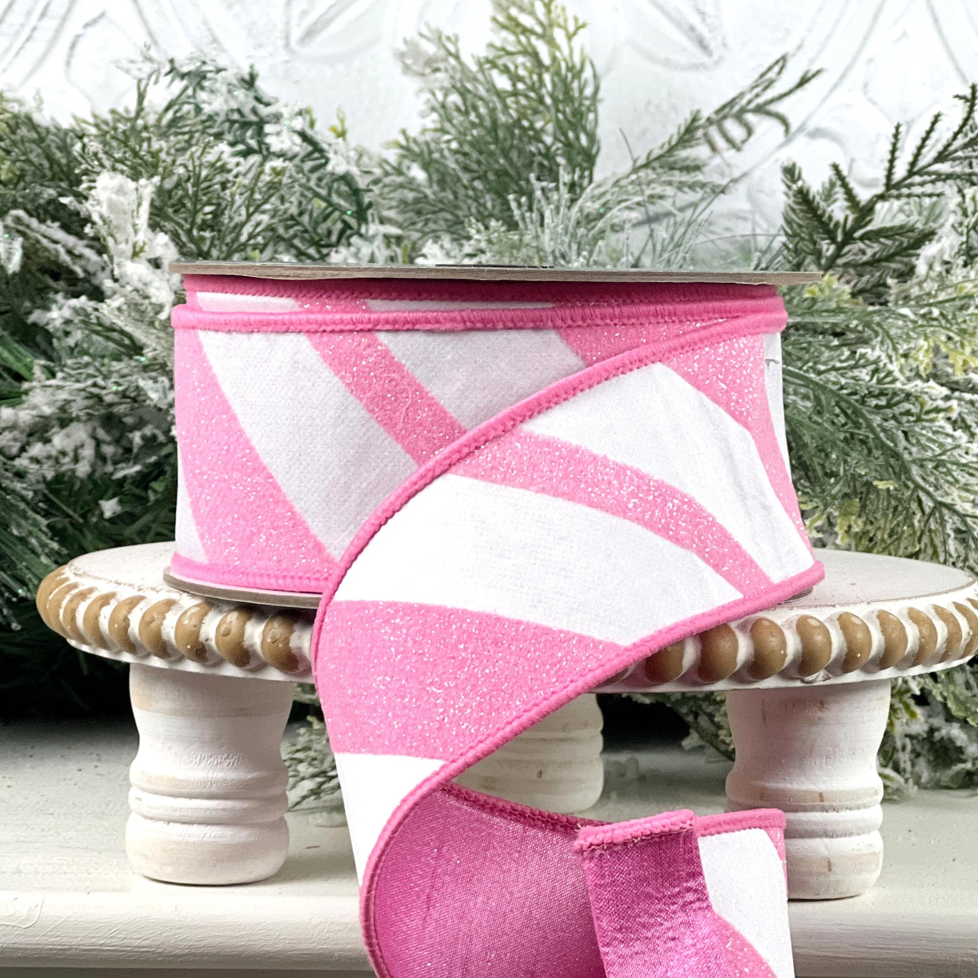 Farrisilk Pink and White Glittered Candy Cane Ribbon, Designer Ribbon for Holiday or Year-Round Decor