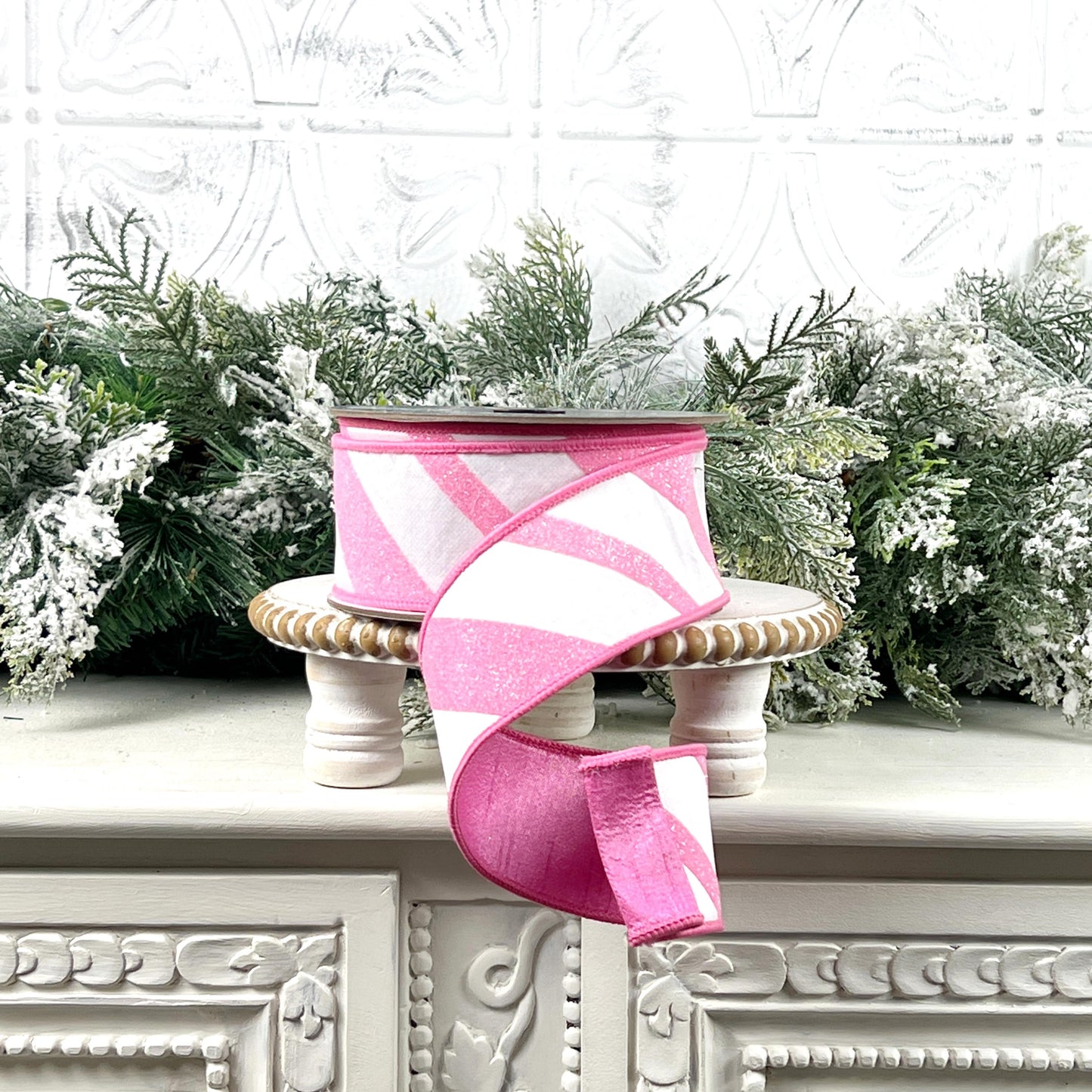 Farrisilk Pink and White Glittered Candy Cane Ribbon, Designer Ribbon for Holiday or Year-Round Decor