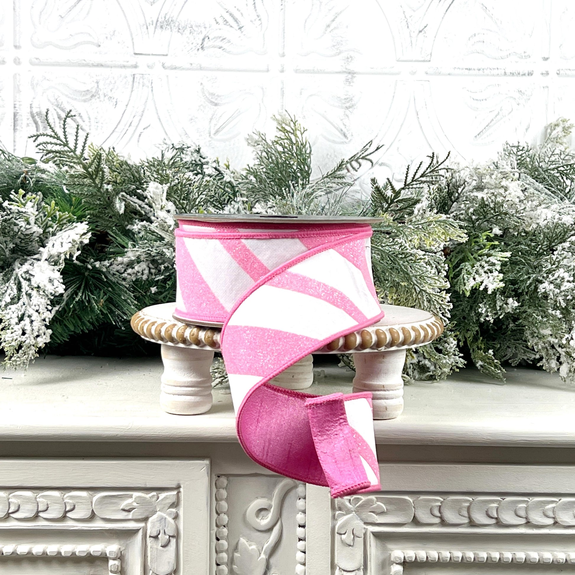 Farrisilk Pink and White Glittered Candy Cane Ribbon, Designer Ribbon for Holiday or Year-Round Decor