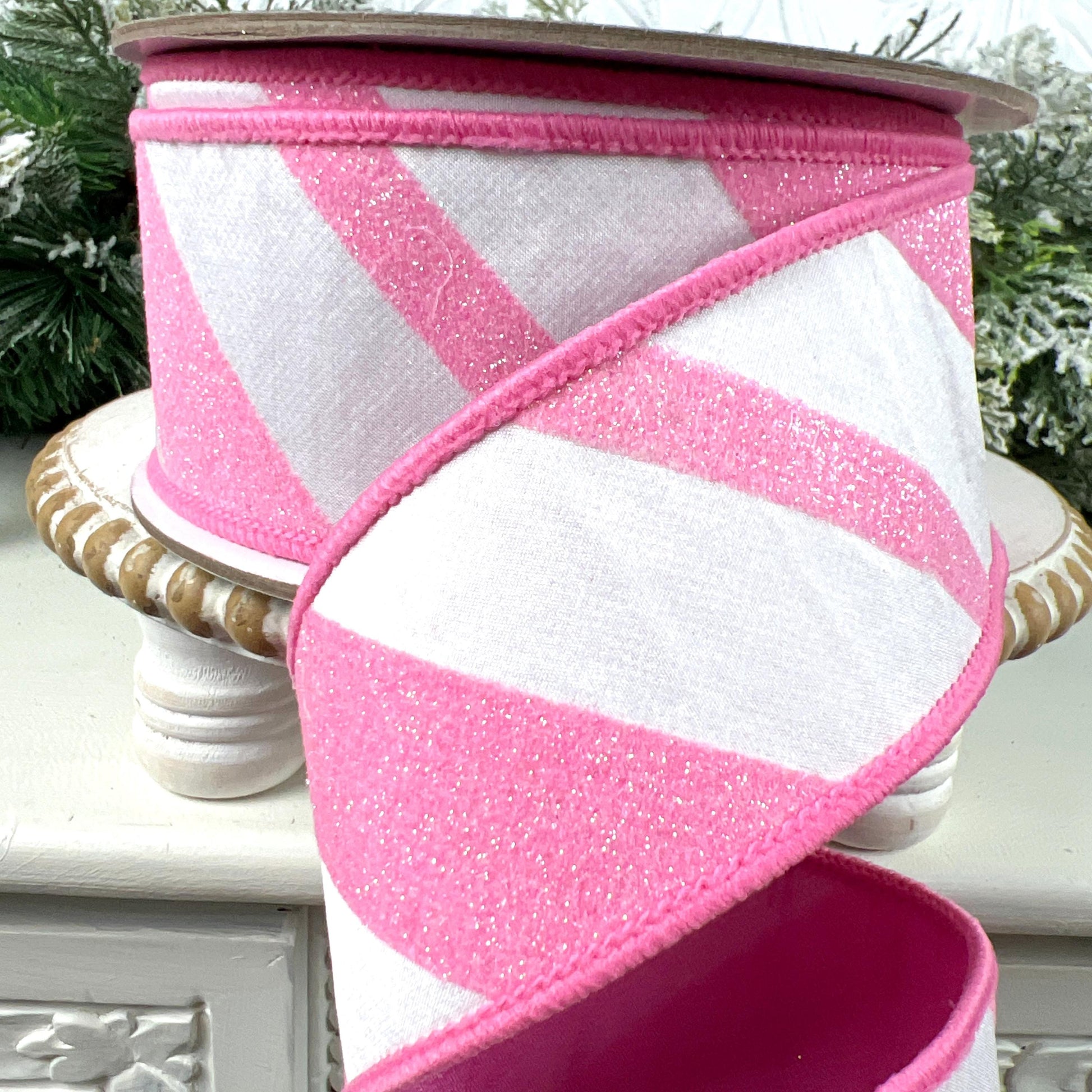 Farrisilk Pink and White Glittered Candy Cane Ribbon, Designer Ribbon for Holiday or Year-Round Decor