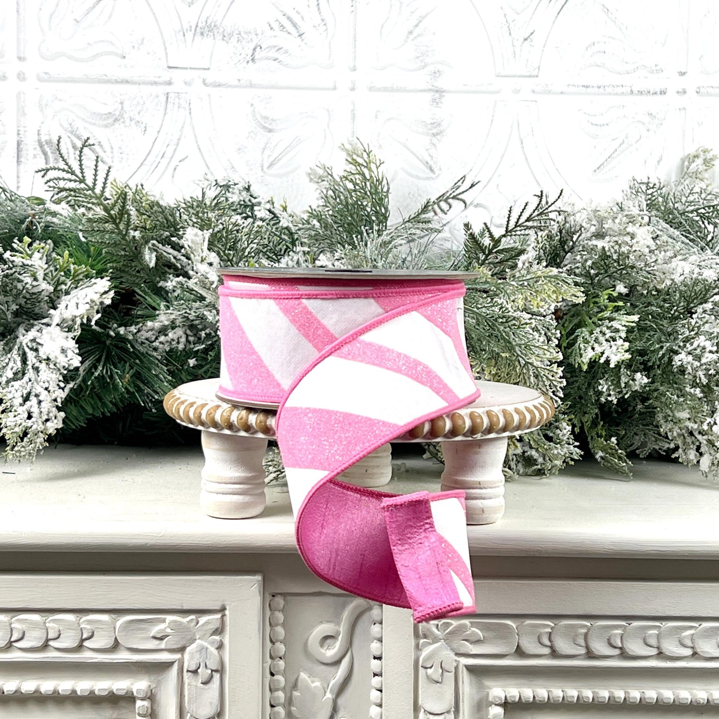 Farrisilk Pink and White Glittered Candy Cane Ribbon, Designer Ribbon for Holiday or Year-Round Decor