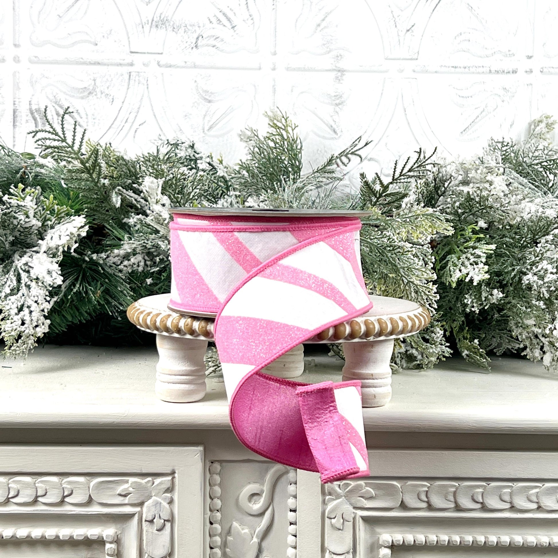 Farrisilk Pink and White Glittered Candy Cane Ribbon, Designer Ribbon for Holiday or Year-Round Decor