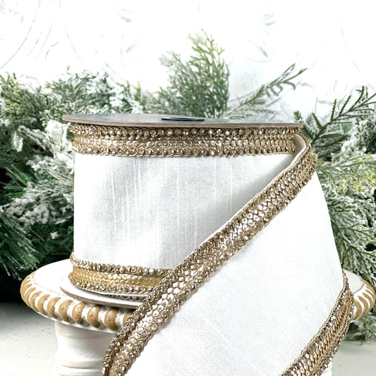 Farrisilk Ivory Diamond Riviera Ribbon, White Dupion Designer Ribbon with Platinum Sequins and Rhinestones