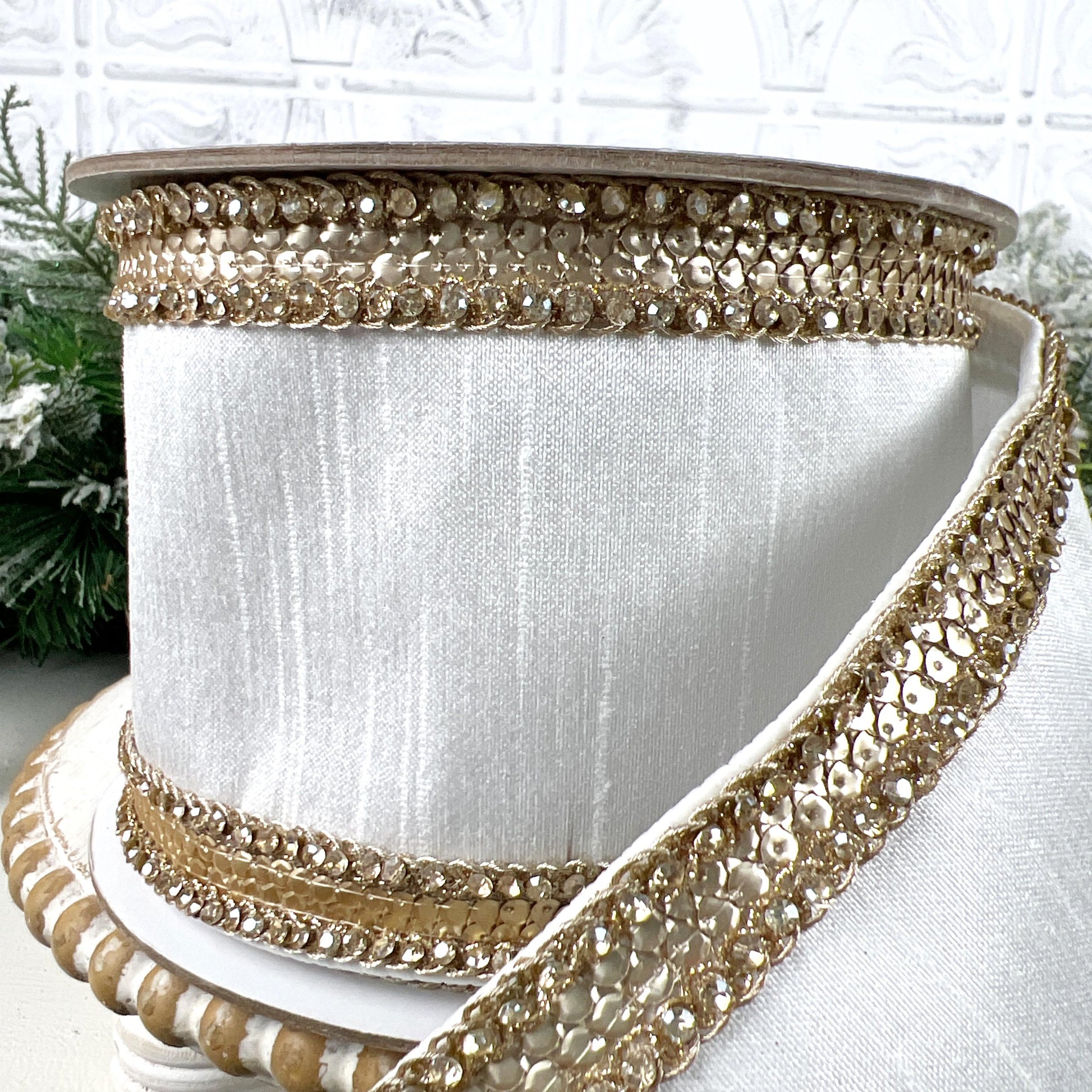 Farrisilk Ivory Diamond Riviera Ribbon, White Dupion Designer Ribbon with Platinum Sequins and Rhinestones