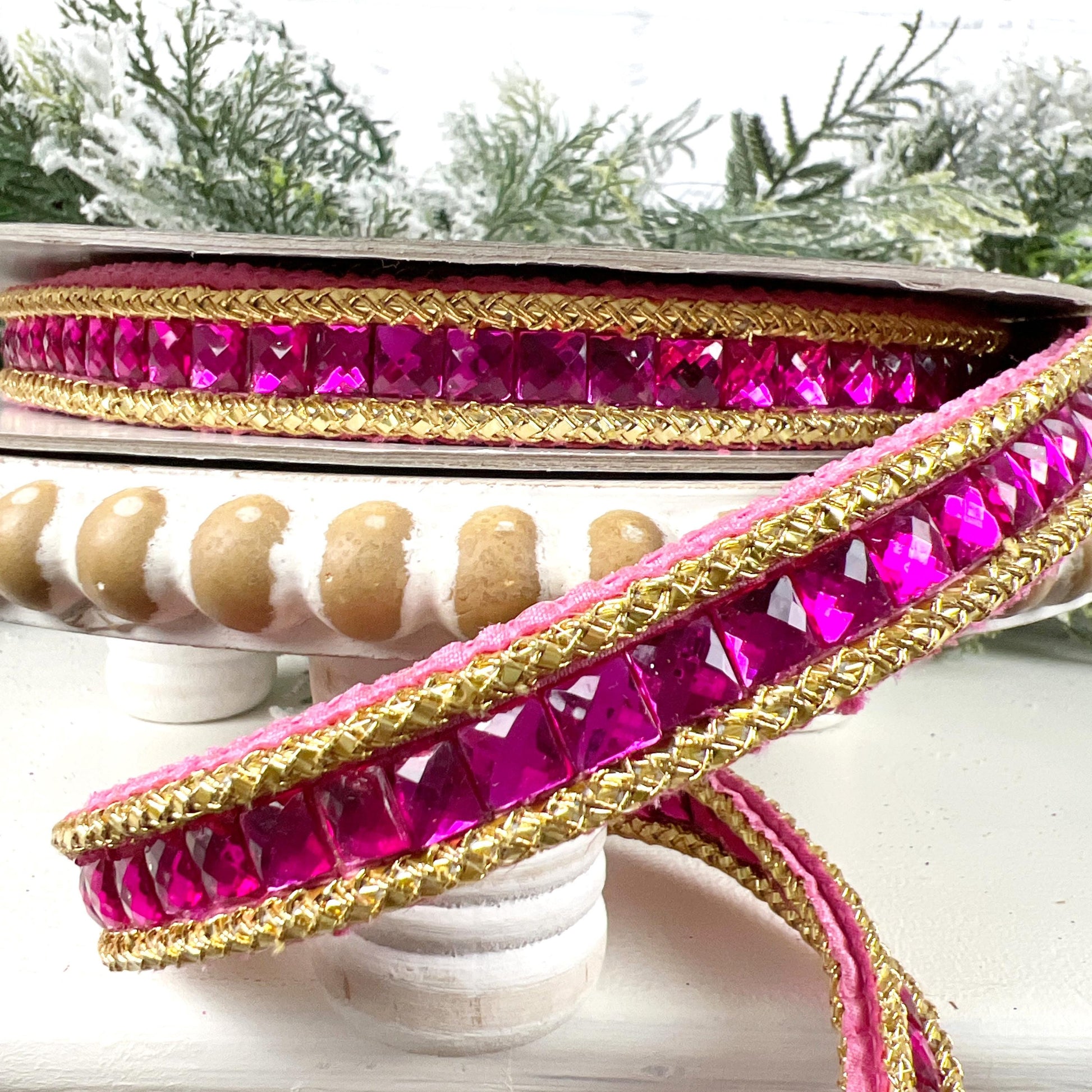 Farrisilk Gemstone Garland Ribbon, Hot Pink Double-Sided Jeweled Designer Ribbon for Holiday or Year-Round Decor