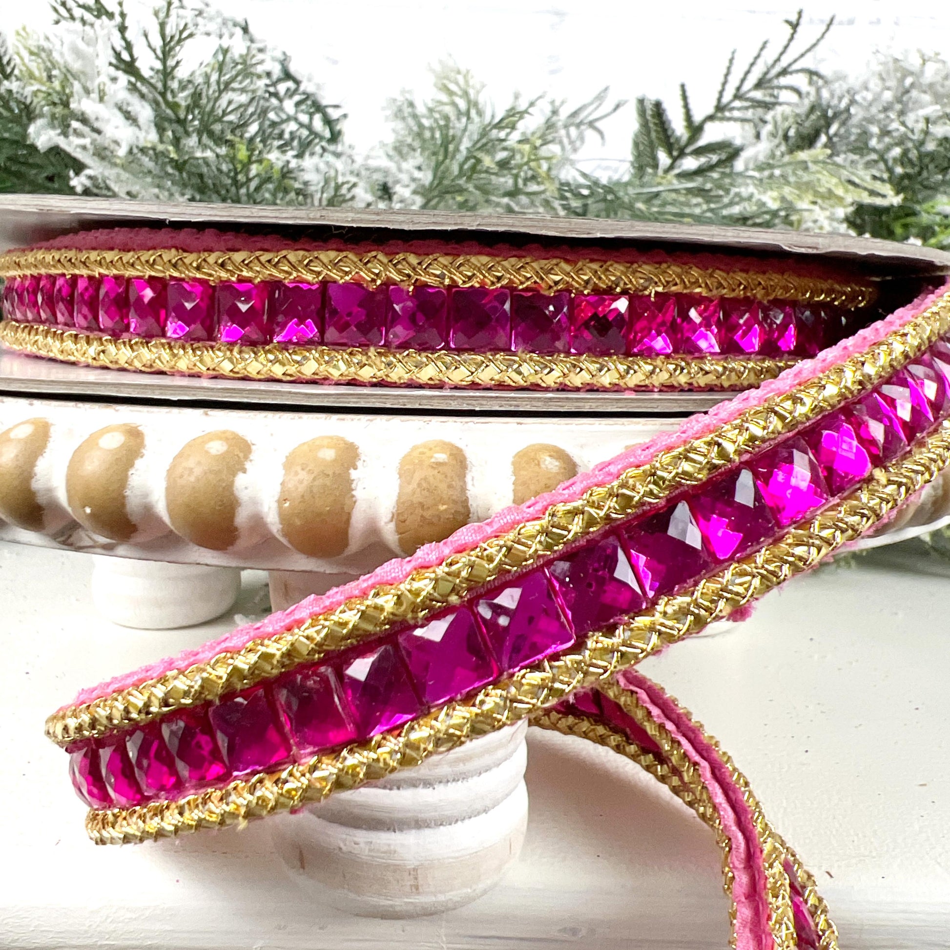 Farrisilk Gemstone Garland Ribbon, Hot Pink Double-Sided Jeweled Designer Ribbon for Holiday or Year-Round Decor