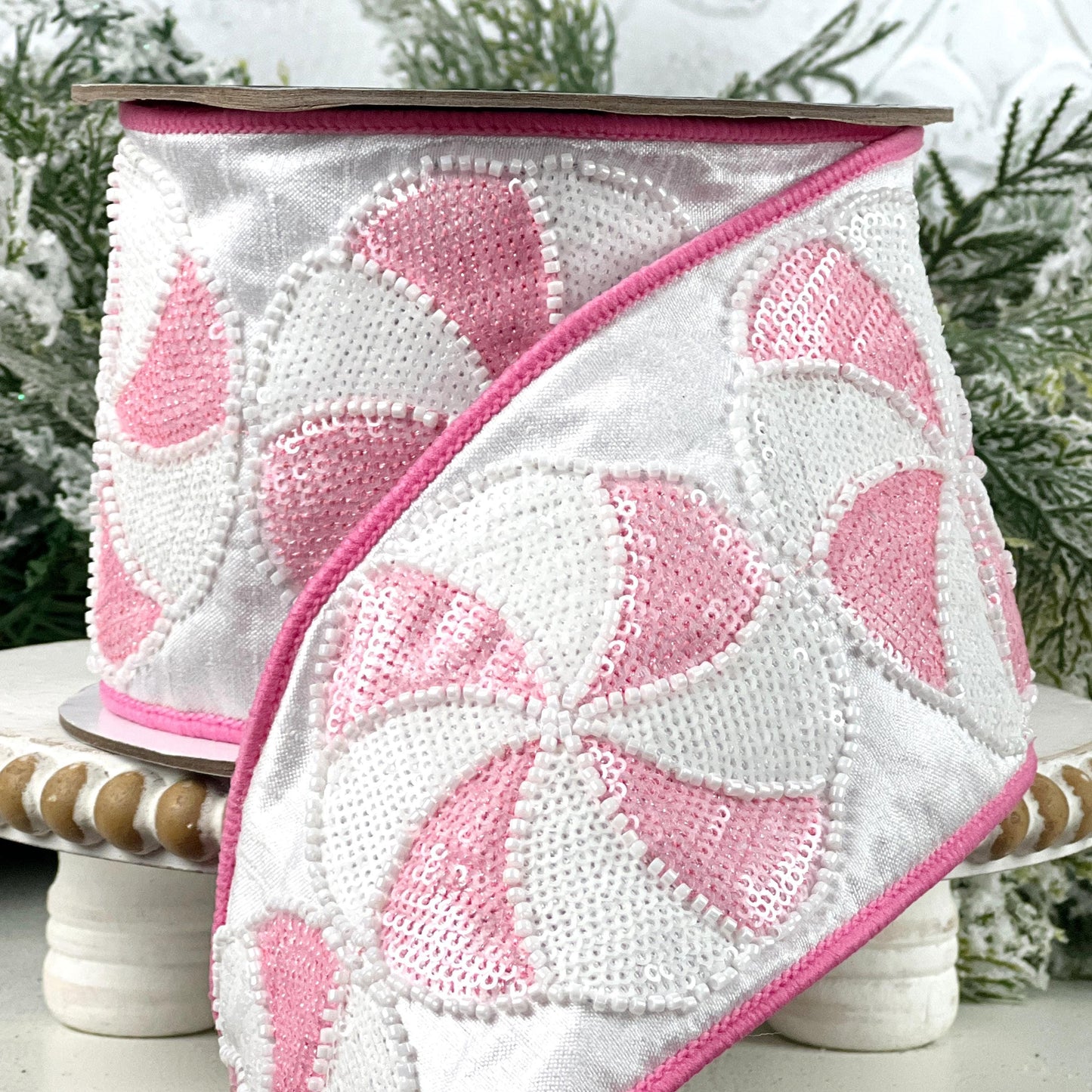 Farrisilk Pink and White Peppermint Candy Ribbon, Sequined Designer Ribbon for Holiday or Year-Round Decor