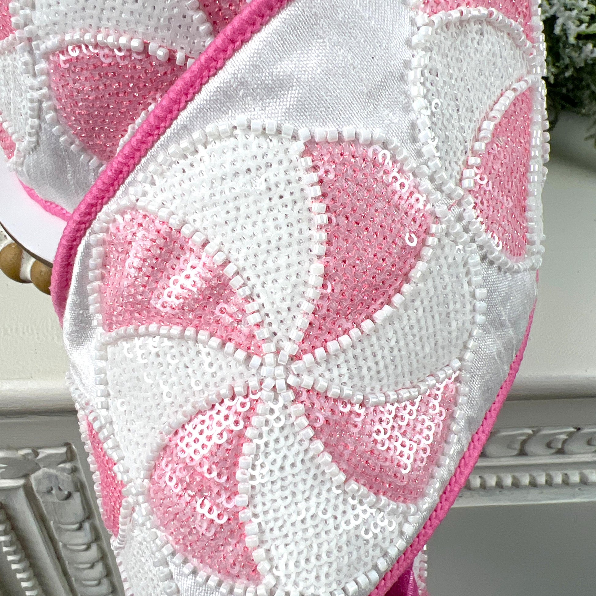 Farrisilk Pink and White Peppermint Candy Ribbon, Sequined Designer Ribbon for Holiday or Year-Round Decor