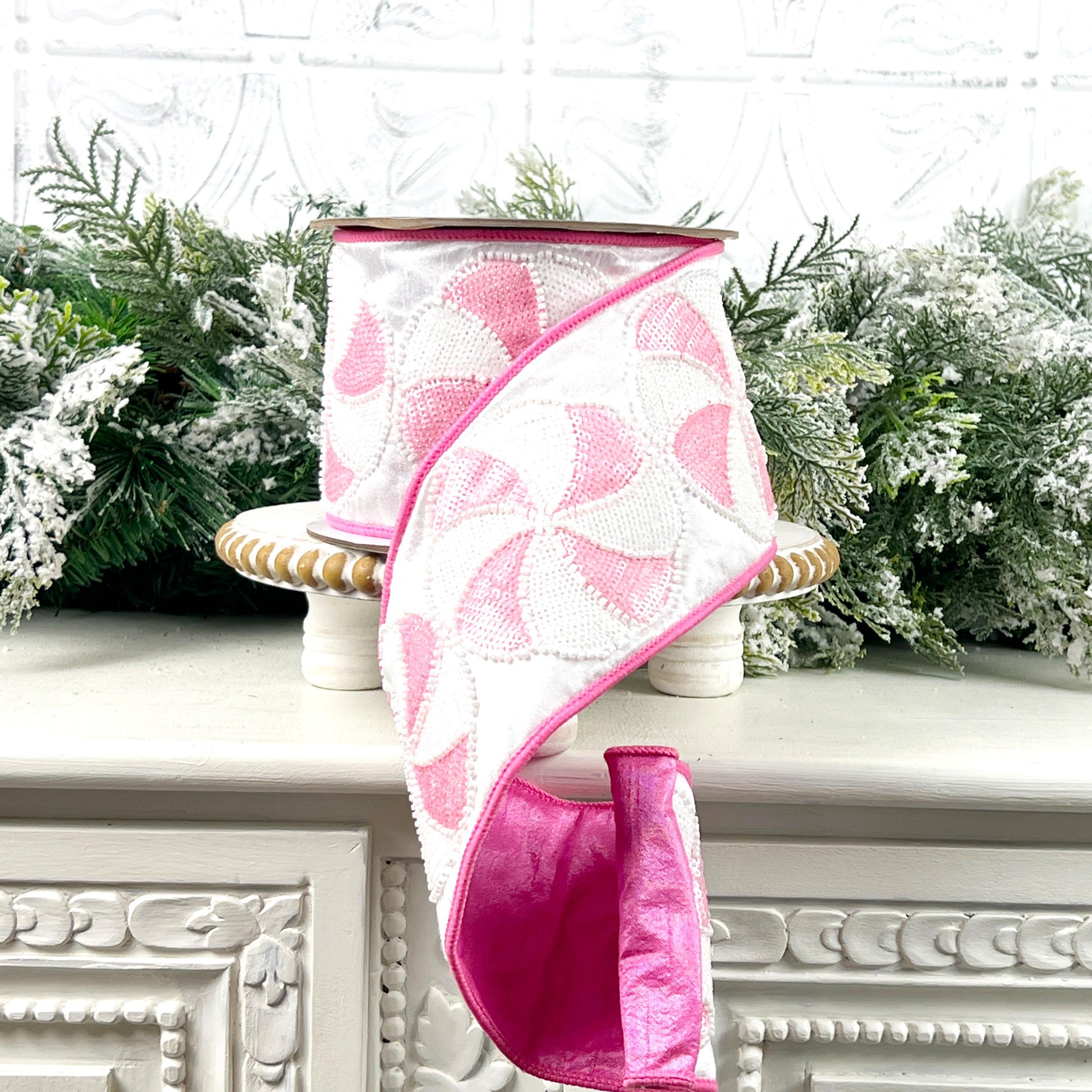Farrisilk Pink and White Peppermint Candy Ribbon, Sequined Designer Ribbon for Holiday or Year-Round Decor