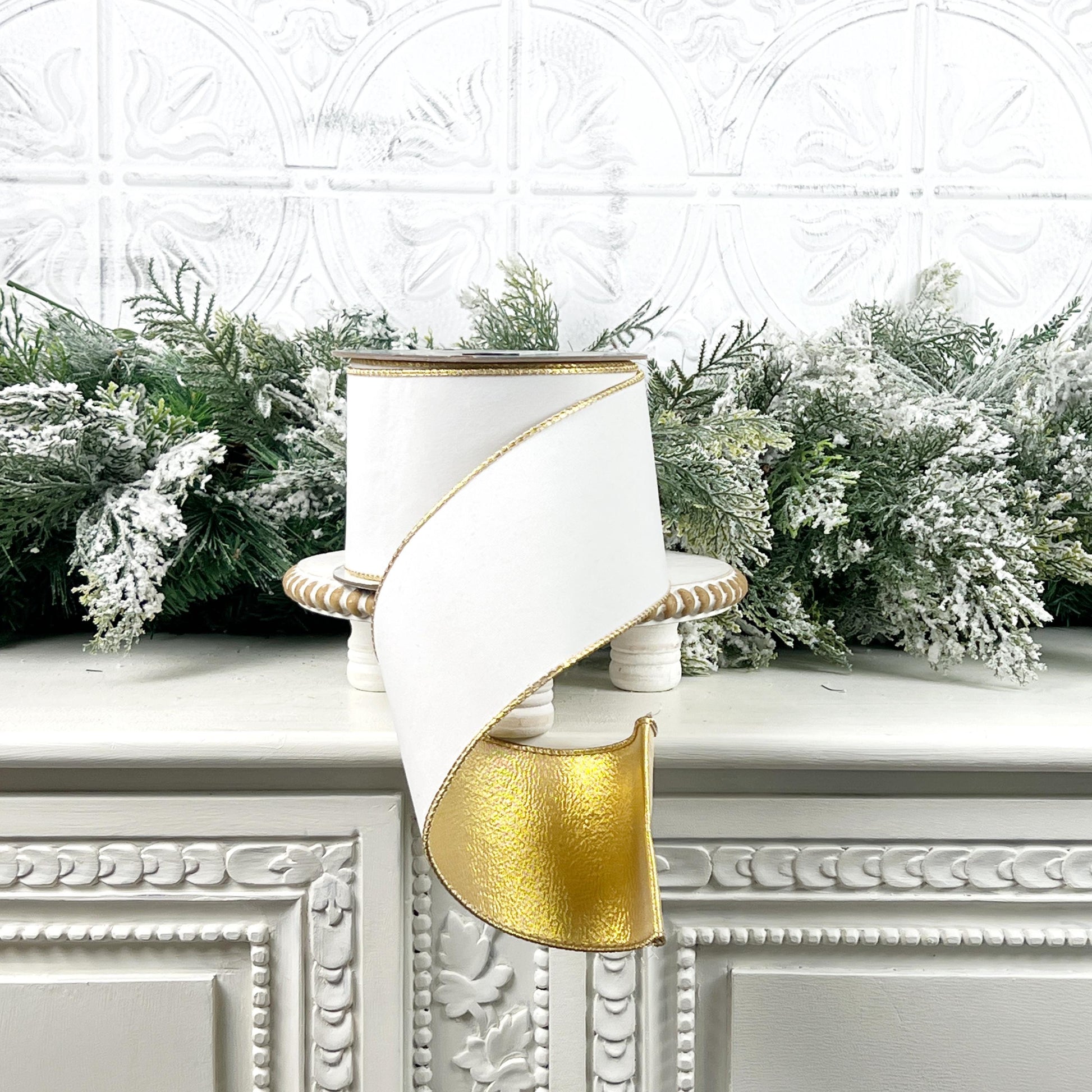 Farrisilk White Flocked Velvet Ribbon, Gold Designer Ribbon for Holiday or Year-Round Decor