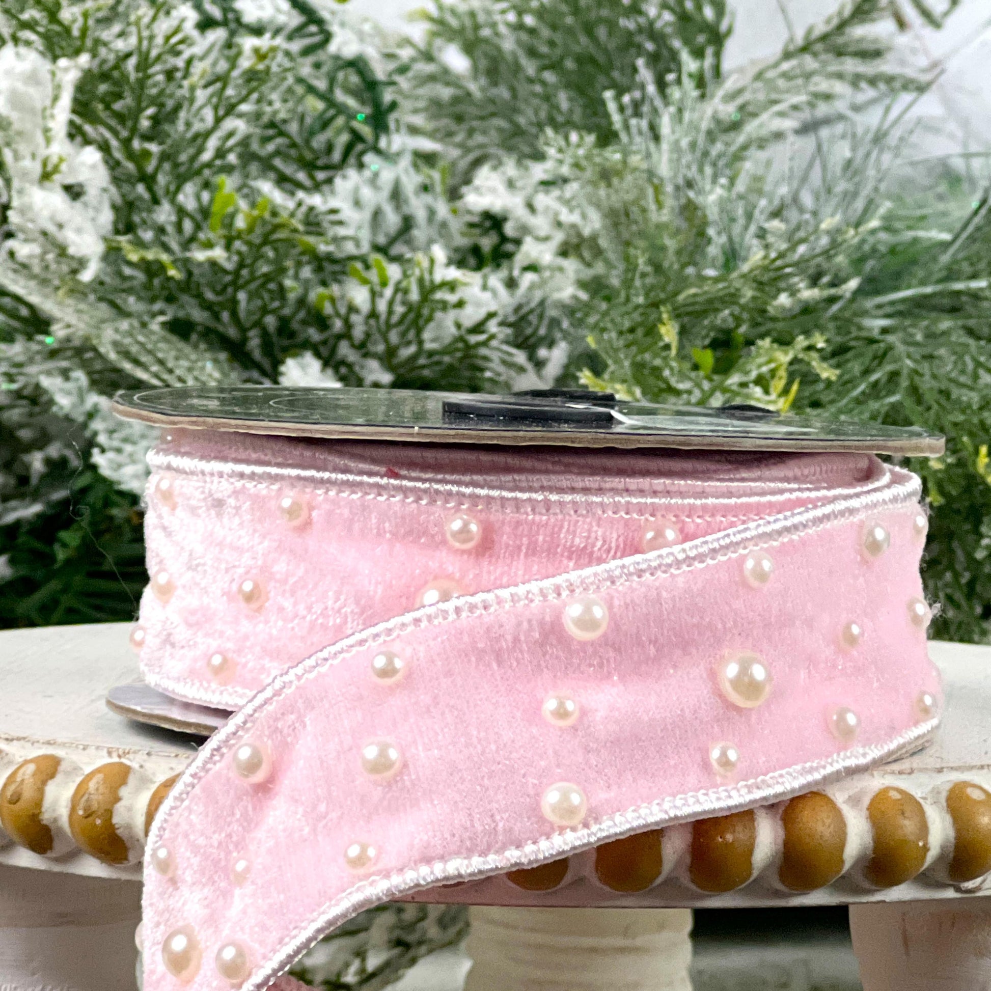 Light Pink Velvet Pearl Ribbon, Jeweled Designer Velvet Trim, Luxury Holiday and Wedding Decor
